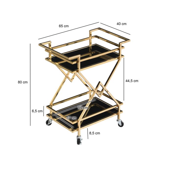 Servierwagen FineBuy Moderner Barwagen mit Rollen Gold Glas Metall 65x80x40 cm – Maßzeichnung
