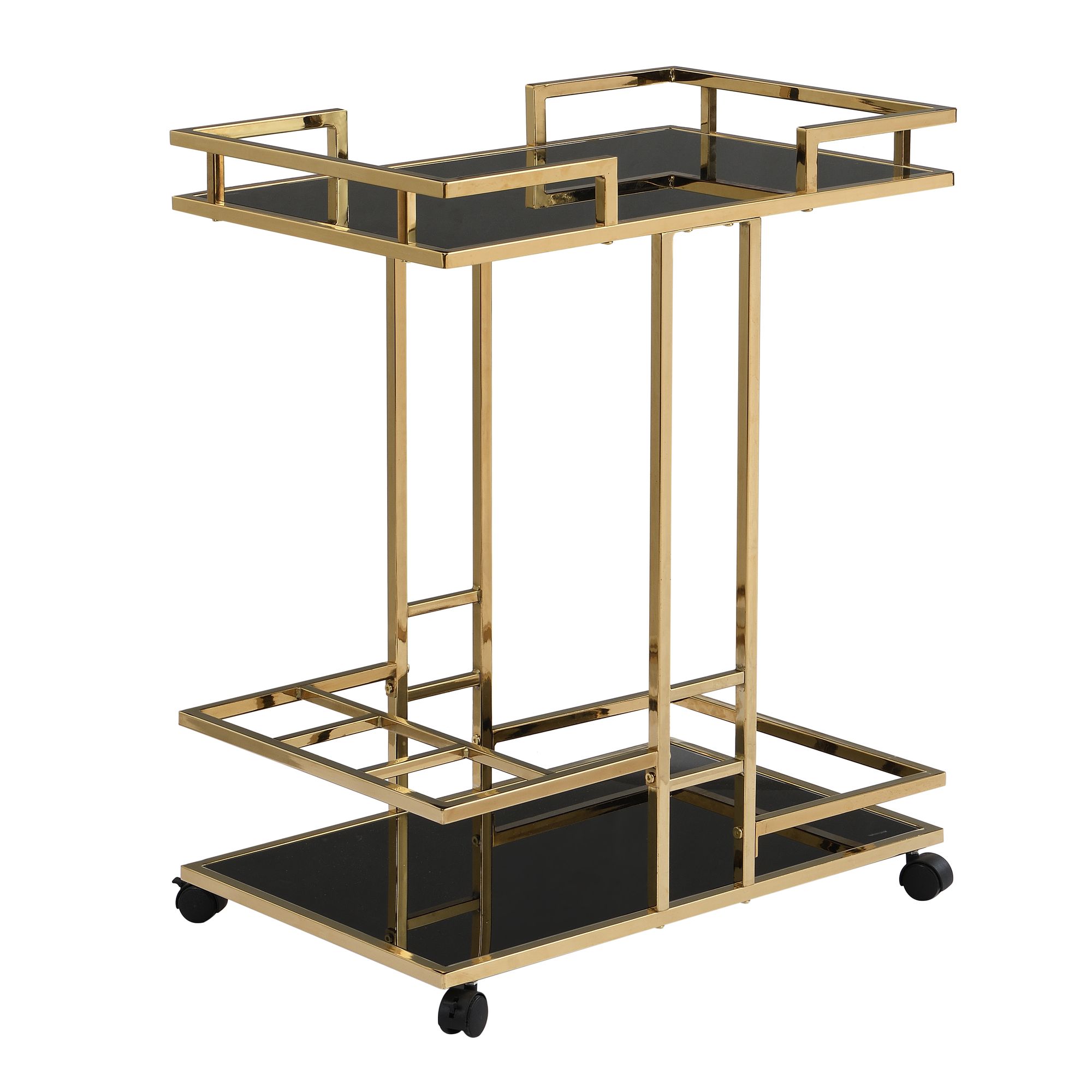 FineBuy Servierwagen Gold Metall mit Glas Ablagen auf Rollen 67,5x83,5x43 cm, Moderner Barwagen mit Flaschenhalter, Teewagen Getränke Trolley für Wohnzimmer Küche Hausbar Rollwagen Multifunktional | Farbe: Gold