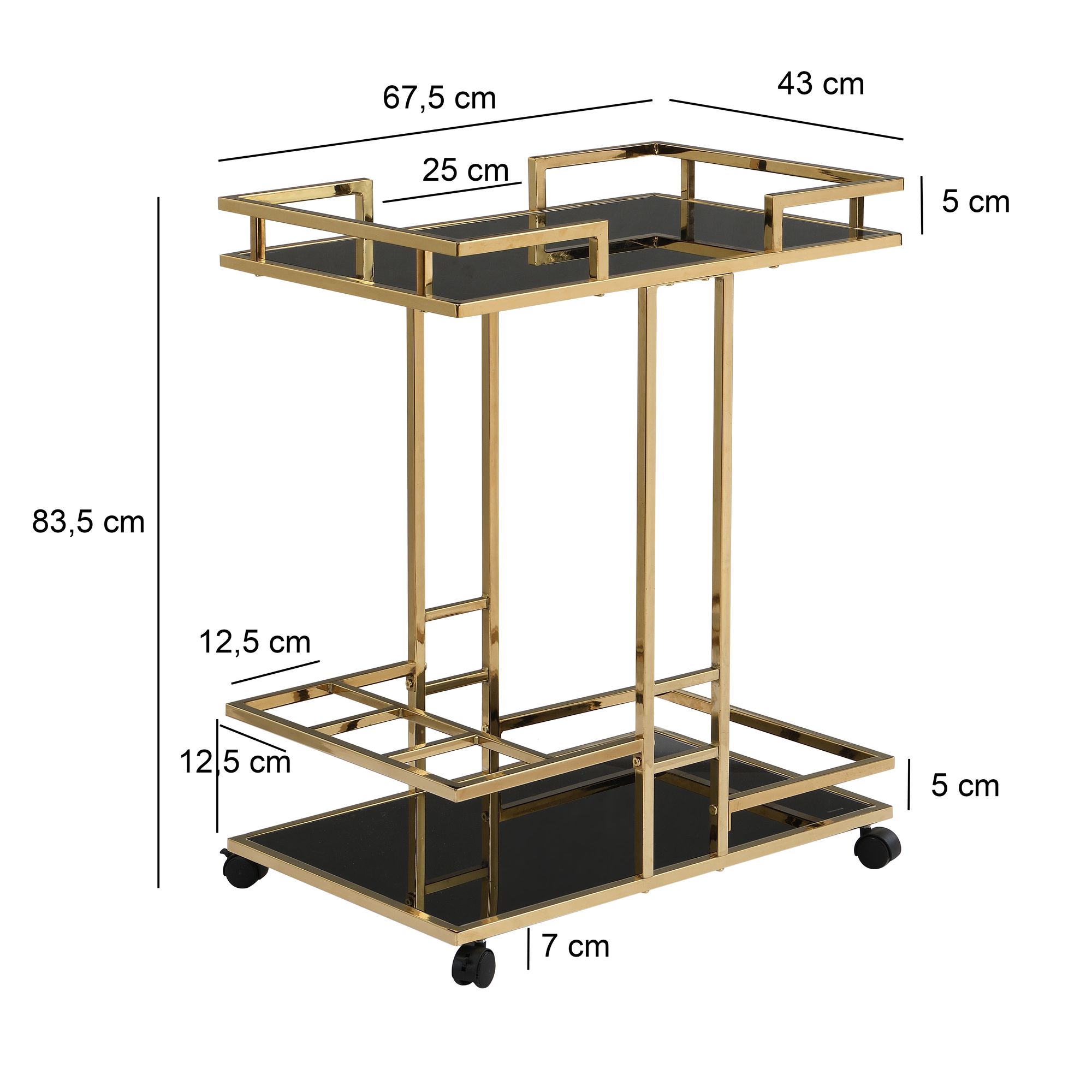 FineBuy Servierwagen Gold Metall mit Glas Ablagen auf Rollen 67,5x83,5x43 cm, Moderner Barwagen mit Flaschenhalter, Teewagen Getränke Trolley für Wohnzimmer Küche Hausbar Rollwagen Multifunktional | Farbe: Gold