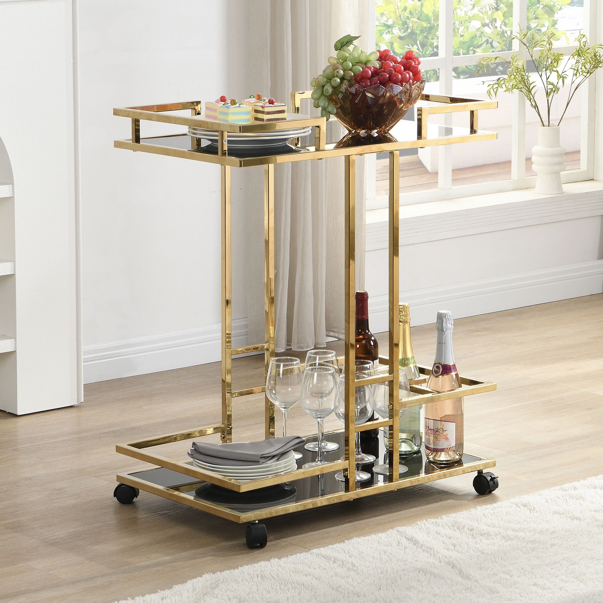 FineBuy Servierwagen Gold Metall mit Glas Ablagen auf Rollen 67,5x83,5x43 cm, Moderner Barwagen mit Flaschenhalter, Teewagen Getränke Trolley für Wohnzimmer Küche Hausbar Rollwagen Multifunktional | Farbe: Gold