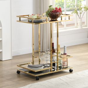 FB111717 FineBuy Servierwagen Gold Metall mit Glas Ablagen auf Rollen 67,5x83,5x43 cm, Moderner Barwagen mit Flaschenhalter, Teewagen Getränke Trolley für Wohnzimmer Küche Hausbar Rollwagen Multifunktional