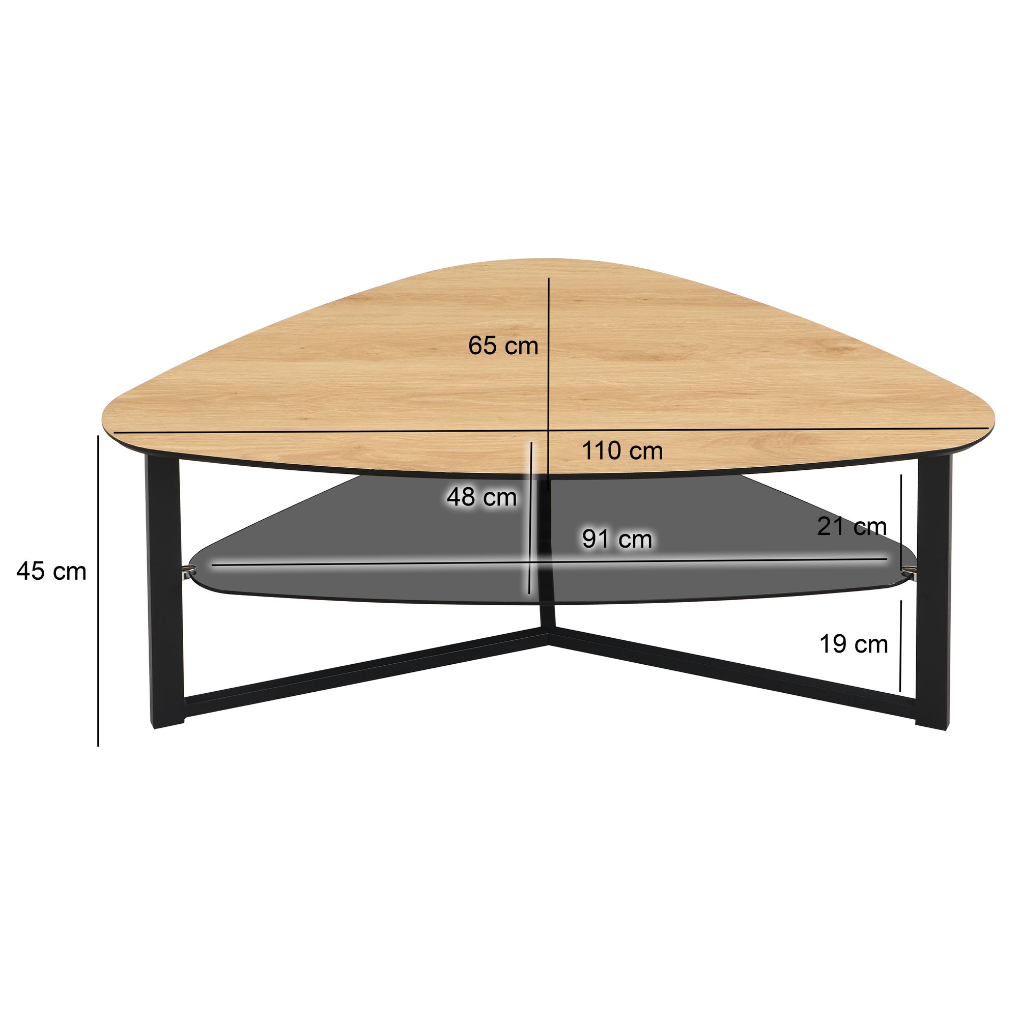 FineBuy Couchtisch nierenförmig Eiche Optik 110 cm mit Glasablage & Metallgestell, Großer Wohnzimmertisch im Retro-Design, Stabiler Sofatisch Beistelltisch | Farbe: Braun