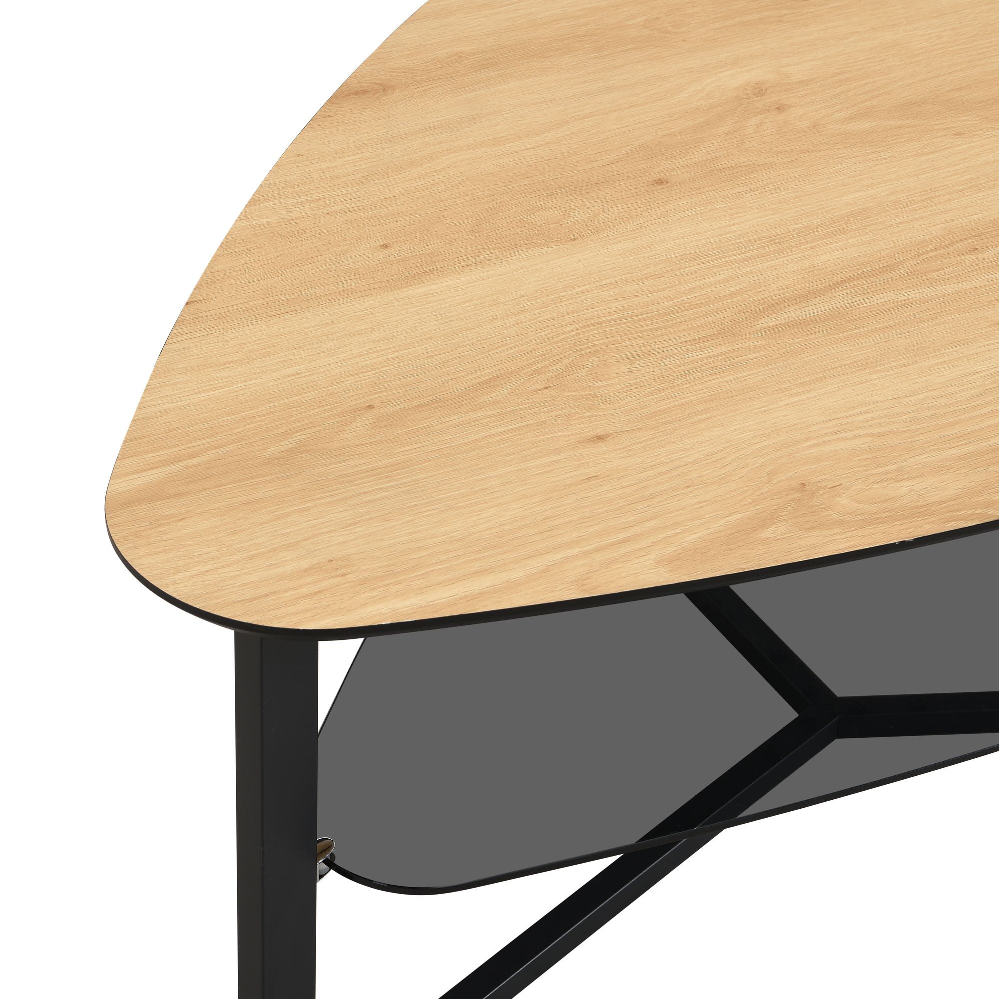 FineBuy Couchtisch nierenförmig Eiche Optik 110 cm mit Glasablage & Metallgestell, Großer Wohnzimmertisch im Retro-Design, Stabiler Sofatisch Beistelltisch | Farbe: Braun