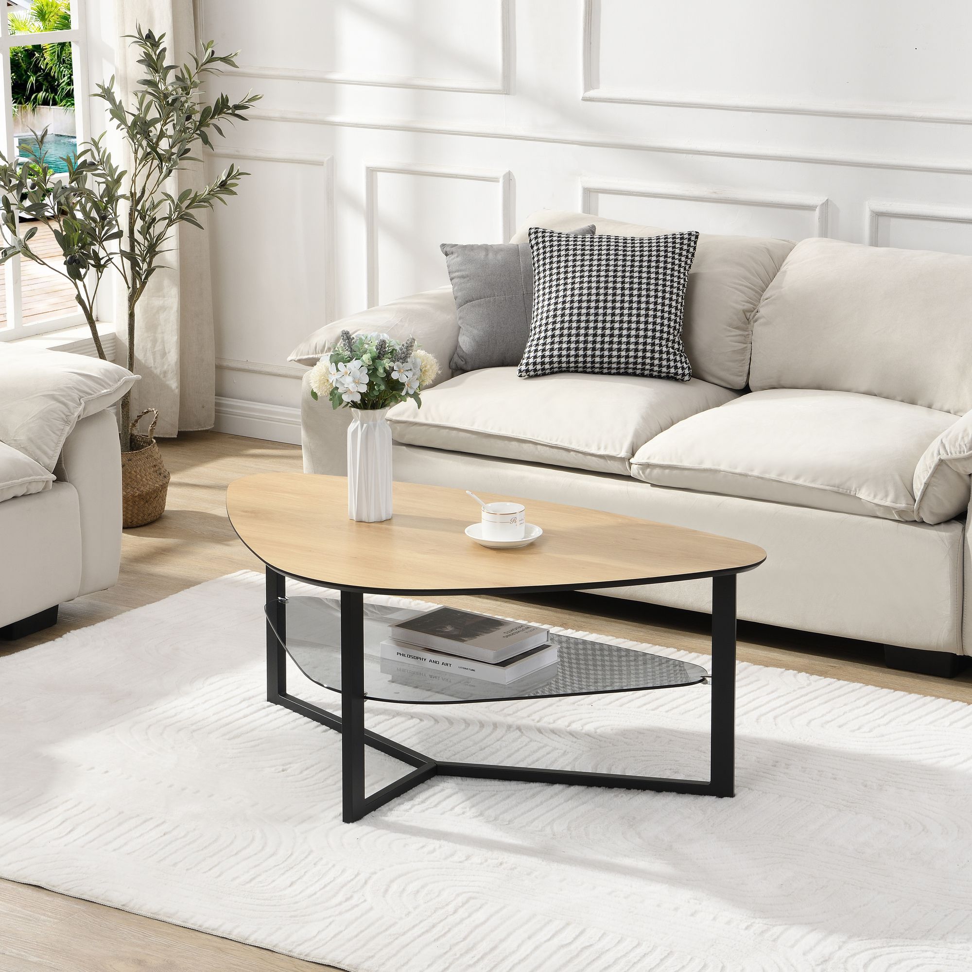FineBuy Couchtisch nierenförmig Eiche Optik 110 cm mit Glasablage & Metallgestell, Großer Wohnzimmertisch im Retro-Design, Stabiler Sofatisch Beistelltisch | Farbe: Braun