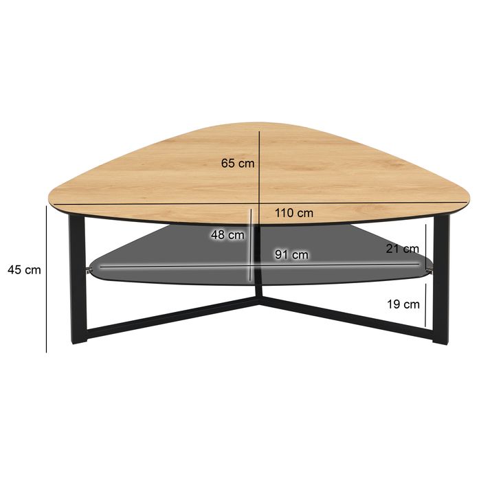Wohnzimmertisch FineBuy Couchtisch Nierenförmig Eiche Optik Glas Ablage 110 cm – Maßzeichnung