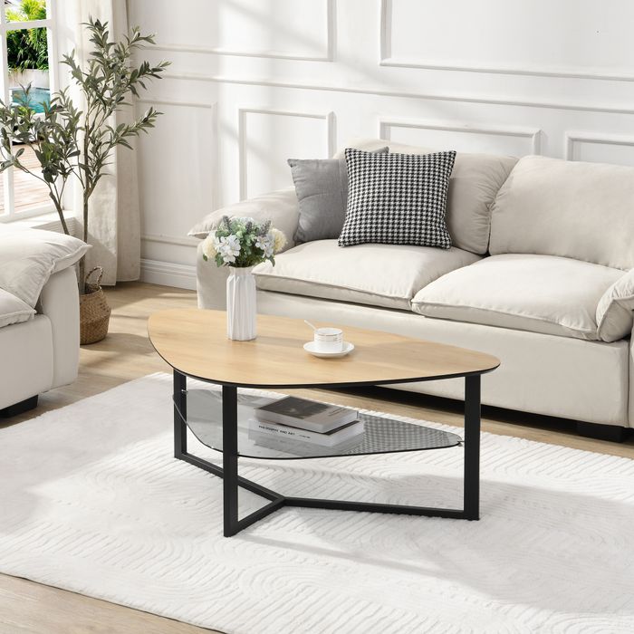 FineBuy Couchtisch nierenförmig Eiche Optik 110 cm mit Glasablage & Metallgestell, Großer Wohnzimmertisch im Retro-Design, Stabiler Sofatisch Beistelltisch