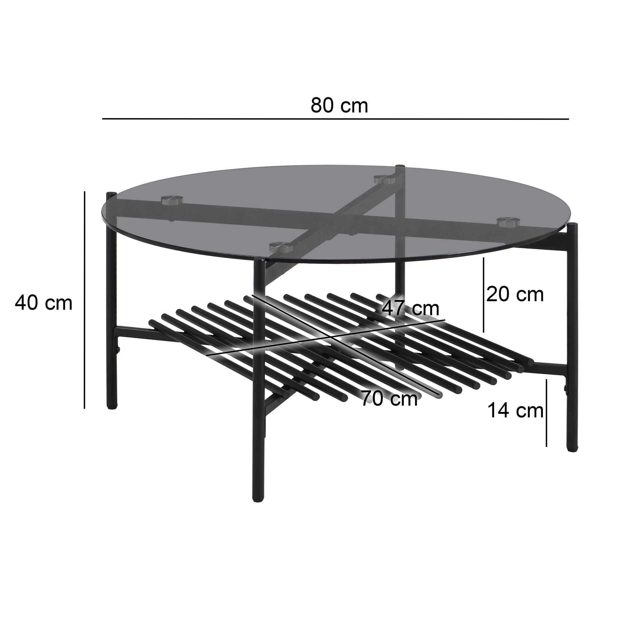 FineBuy Couchtisch Glas Metall Rund 80x40 cm Schwarz, Moderner Wohnzimmertisch mit Ablage, Sofatisch Wohnzimmer mit Stauraum, Loft Kaffeetisch im Industrial Design | Farbe: Schwarz