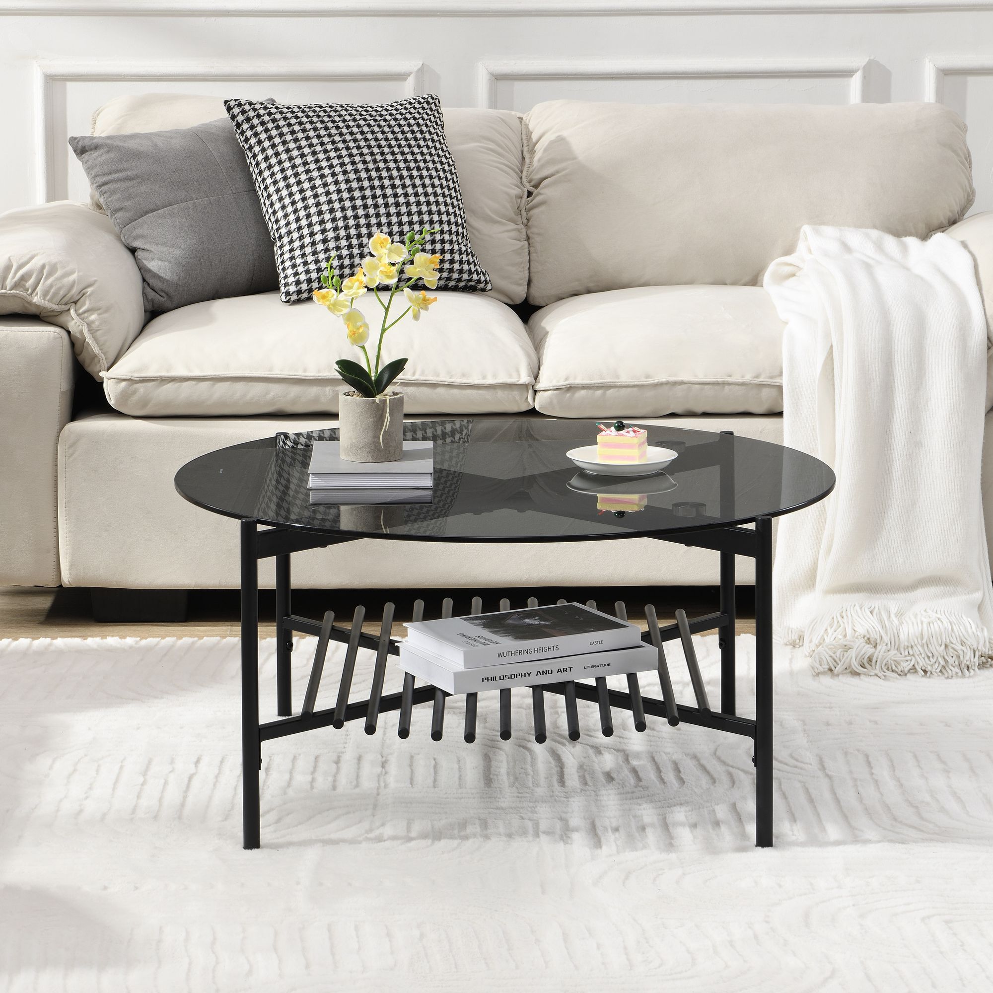 FineBuy Couchtisch Glas Metall Rund 80x40 cm Schwarz, Moderner Wohnzimmertisch mit Ablage, Sofatisch Wohnzimmer mit Stauraum, Loft Kaffeetisch im Industrial Design | Farbe: Schwarz