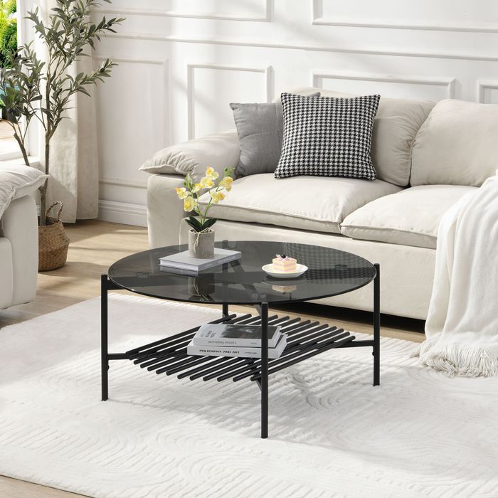 FineBuy Couchtisch Glas Metall Rund 80x40 cm Schwarz, Moderner Wohnzimmertisch mit Ablage, Sofatisch Wohnzimmer mit Stauraum, Loft Kaffeetisch im Industrial Design