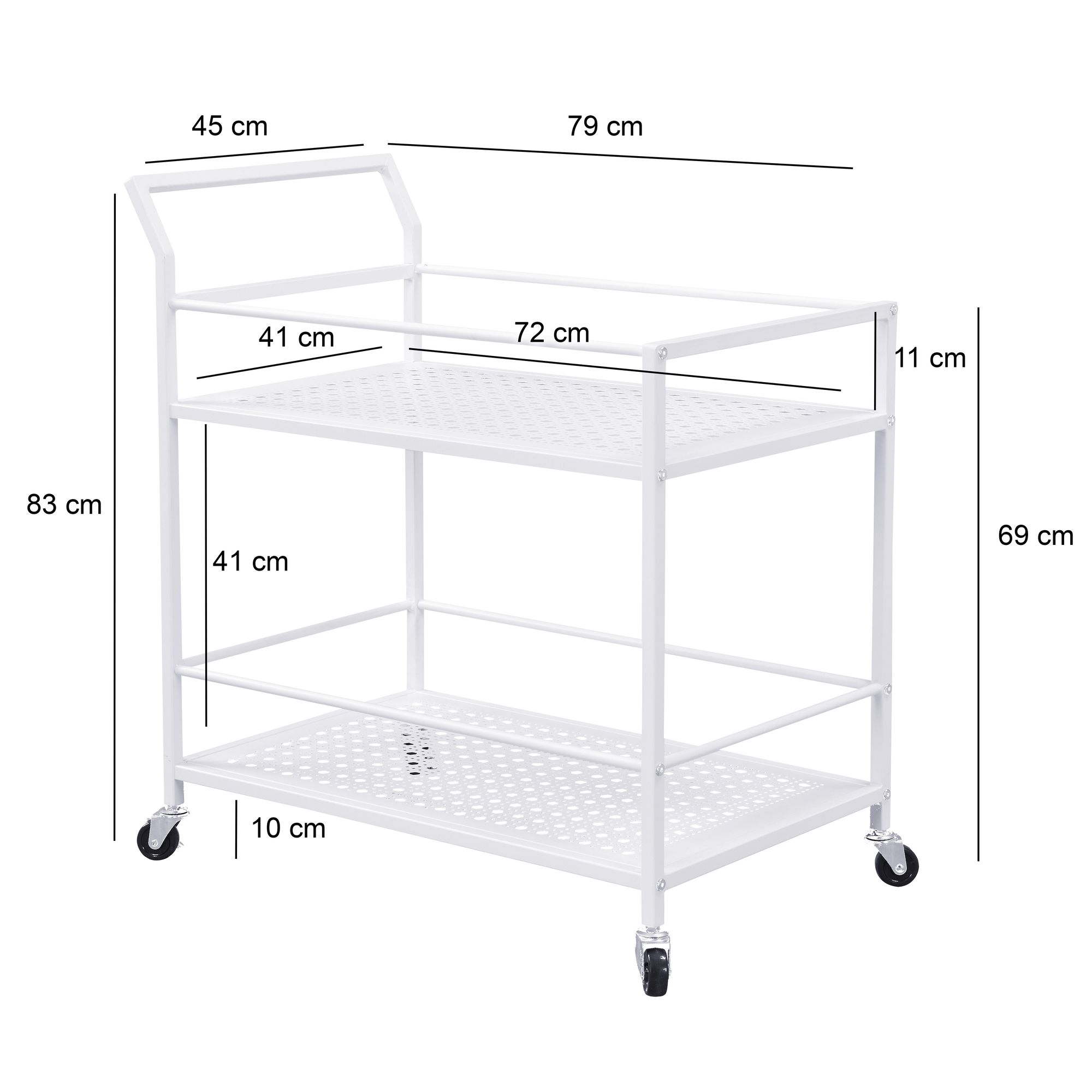 FineBuy Servierwagen Metall 79x45x83 cm mit Rollen & Bremsen, Küchenwagen 2 Ebenen, Barwagen & Rollwagen Multifunktional Modern, Beistellwagen für Küche, Esszimmer, Wohnzimmer | Farbe: Weiß