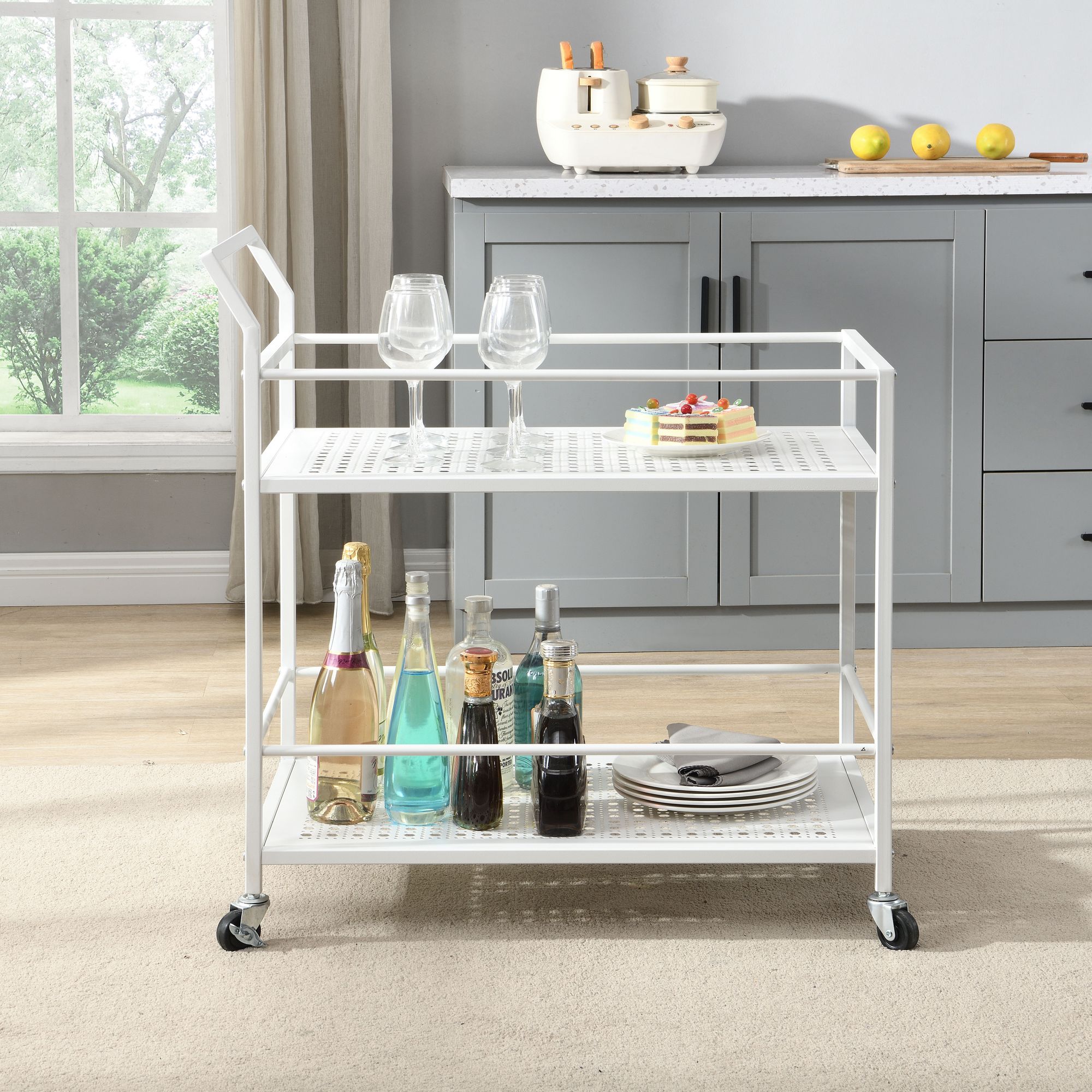 FineBuy Servierwagen Metall 79x45x83 cm mit Rollen & Bremsen, Küchenwagen 2 Ebenen, Barwagen & Rollwagen Multifunktional Modern, Beistellwagen für Küche, Esszimmer, Wohnzimmer | Farbe: Weiß