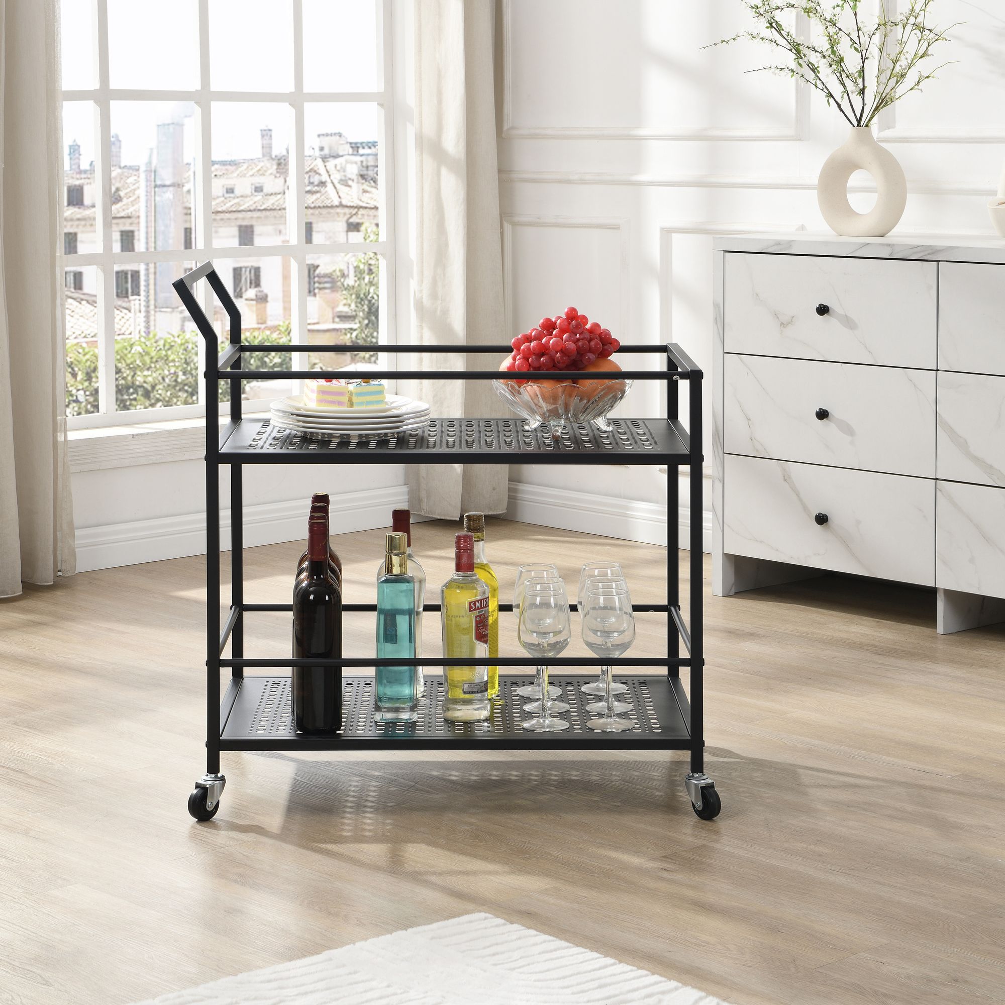 FineBuy Servierwagen Metall 79x45x83 cm mit Rollen & Bremsen, Küchenwagen 2 Ebenen, Barwagen & Rollwagen Multifunktional Modern, Beistellwagen für Küche, Esszimmer, Wohnzimmer | Farbe: Weiß