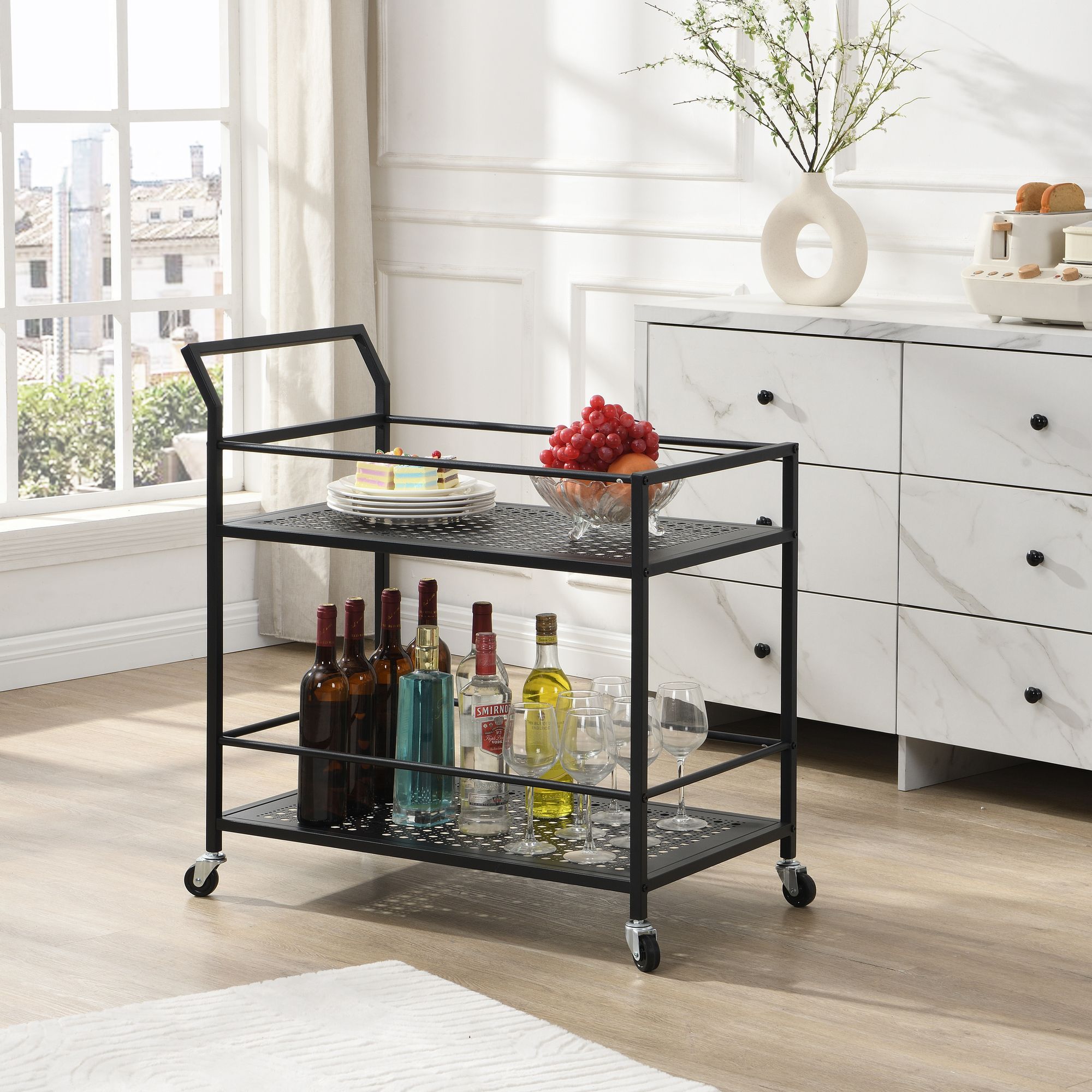 FineBuy Servierwagen Metall 79x45x83 cm mit Rollen & Bremsen, Küchenwagen 2 Ebenen, Barwagen & Rollwagen Multifunktional Modern, Beistellwagen für Küche, Esszimmer, Wohnzimmer | Farbe: Weiß