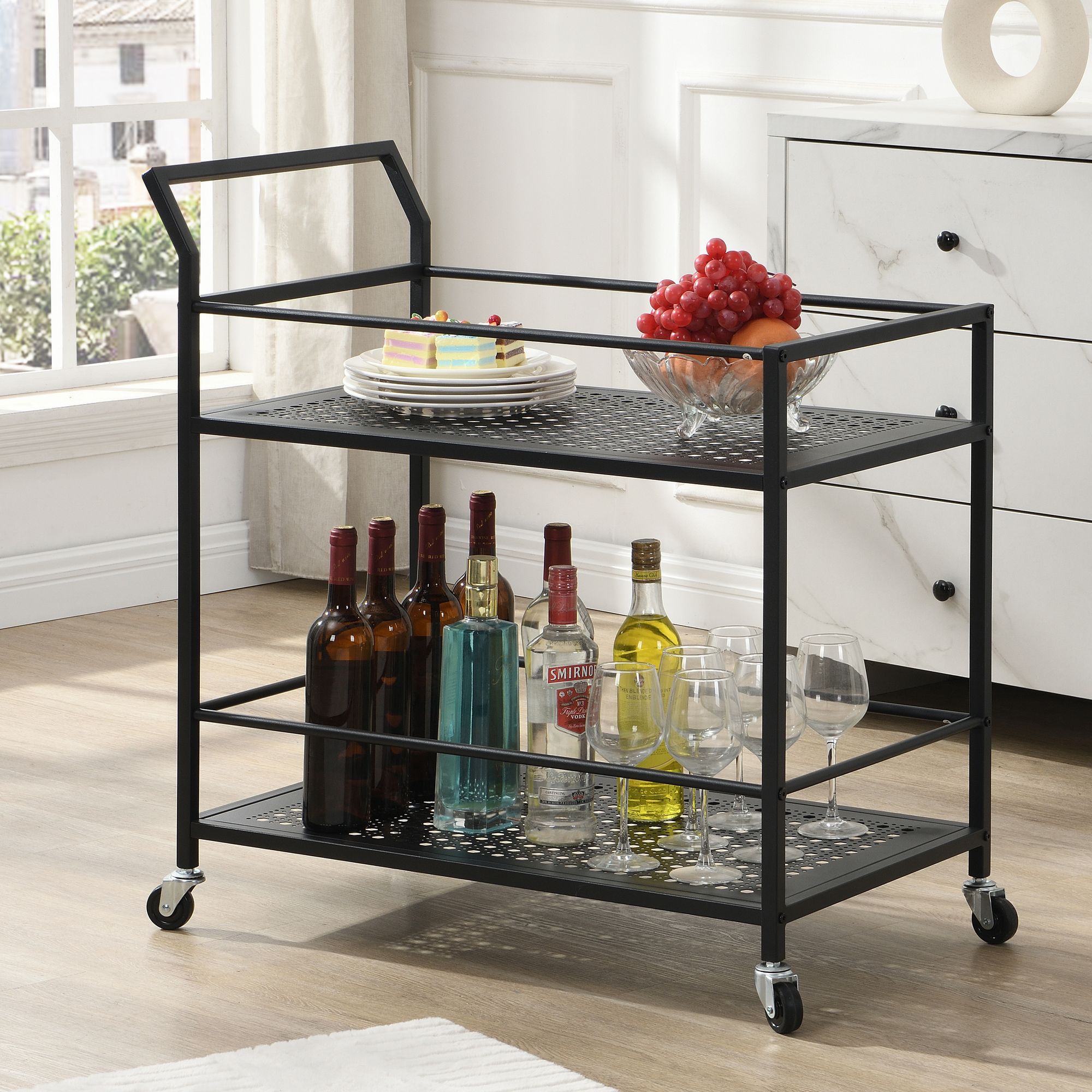 FineBuy Servierwagen Metall 79x45x83 cm mit Rollen & Bremsen, Küchenwagen 2 Ebenen, Barwagen & Rollwagen Multifunktional Modern, Beistellwagen für Küche, Esszimmer, Wohnzimmer | Farbe: Weiß