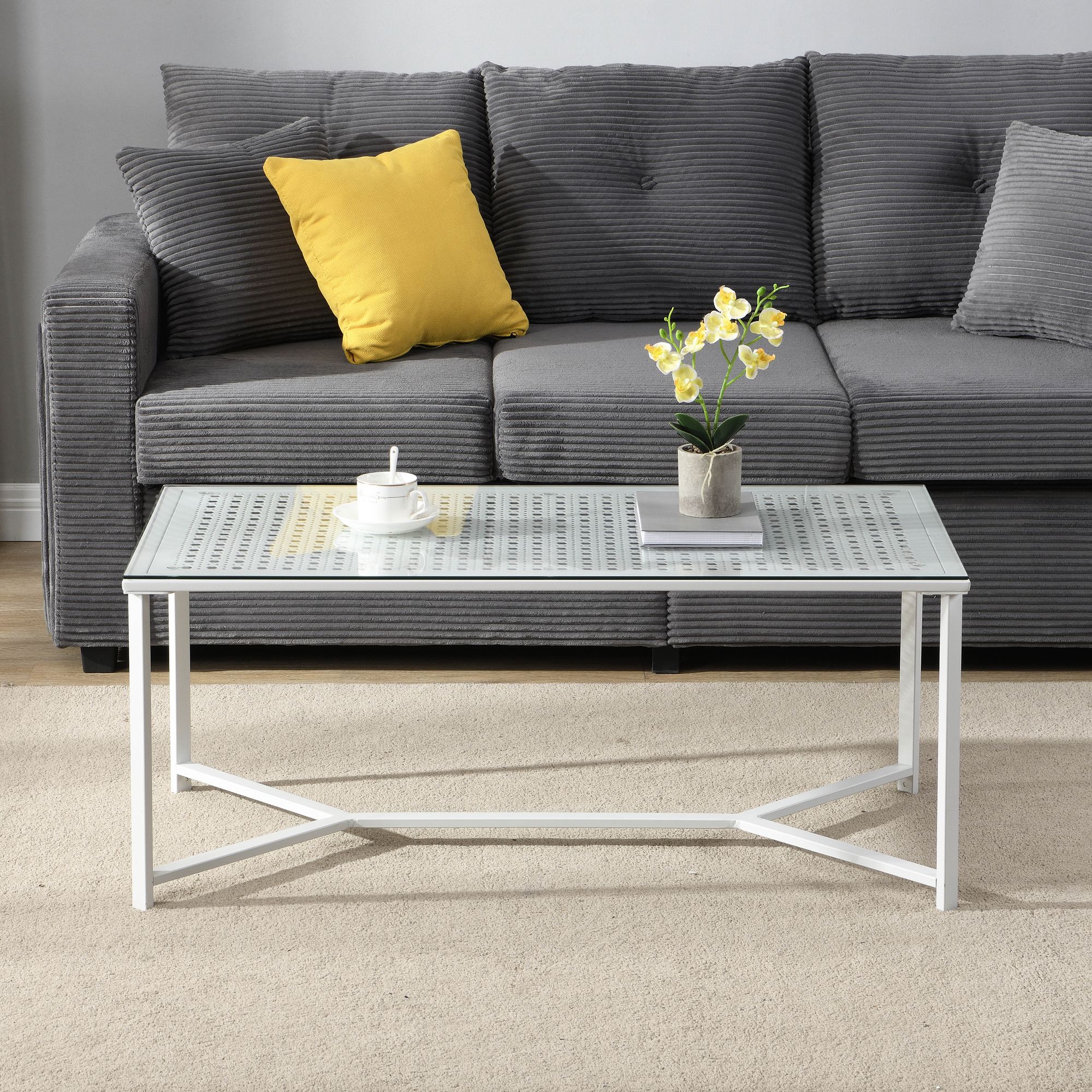 FineBuy Couchtisch Glas Metall 100 cm, Rechteckiger Wohnzimmertisch Modern mit Glasplatte & Metallgestell, Sofatisch im Industrial Design für Wohnzimmer | Farbe: Weiß