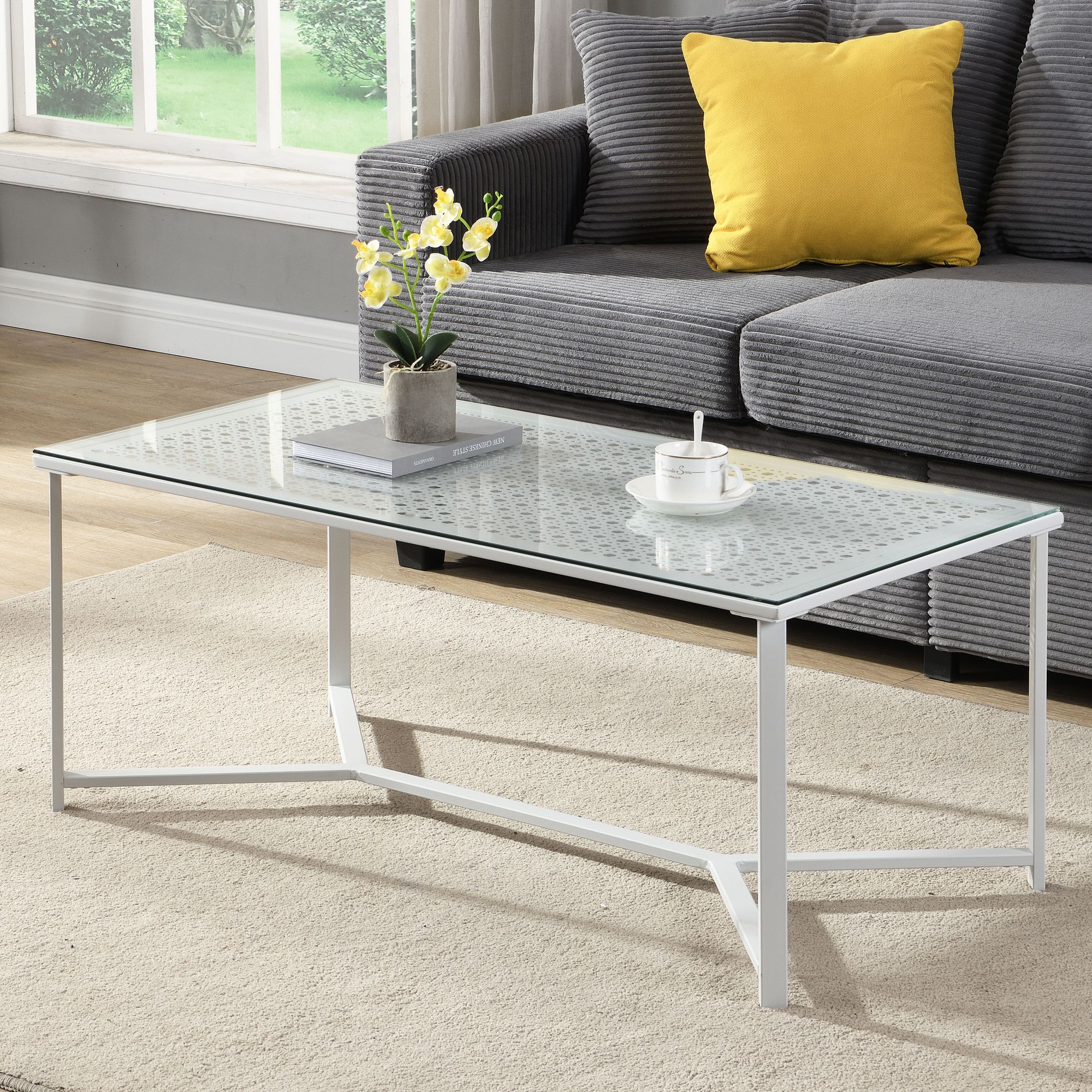 FineBuy Couchtisch Glas Metall 100 cm, Rechteckiger Wohnzimmertisch Modern mit Glasplatte & Metallgestell, Sofatisch im Industrial Design für Wohnzimmer | Farbe: Weiß