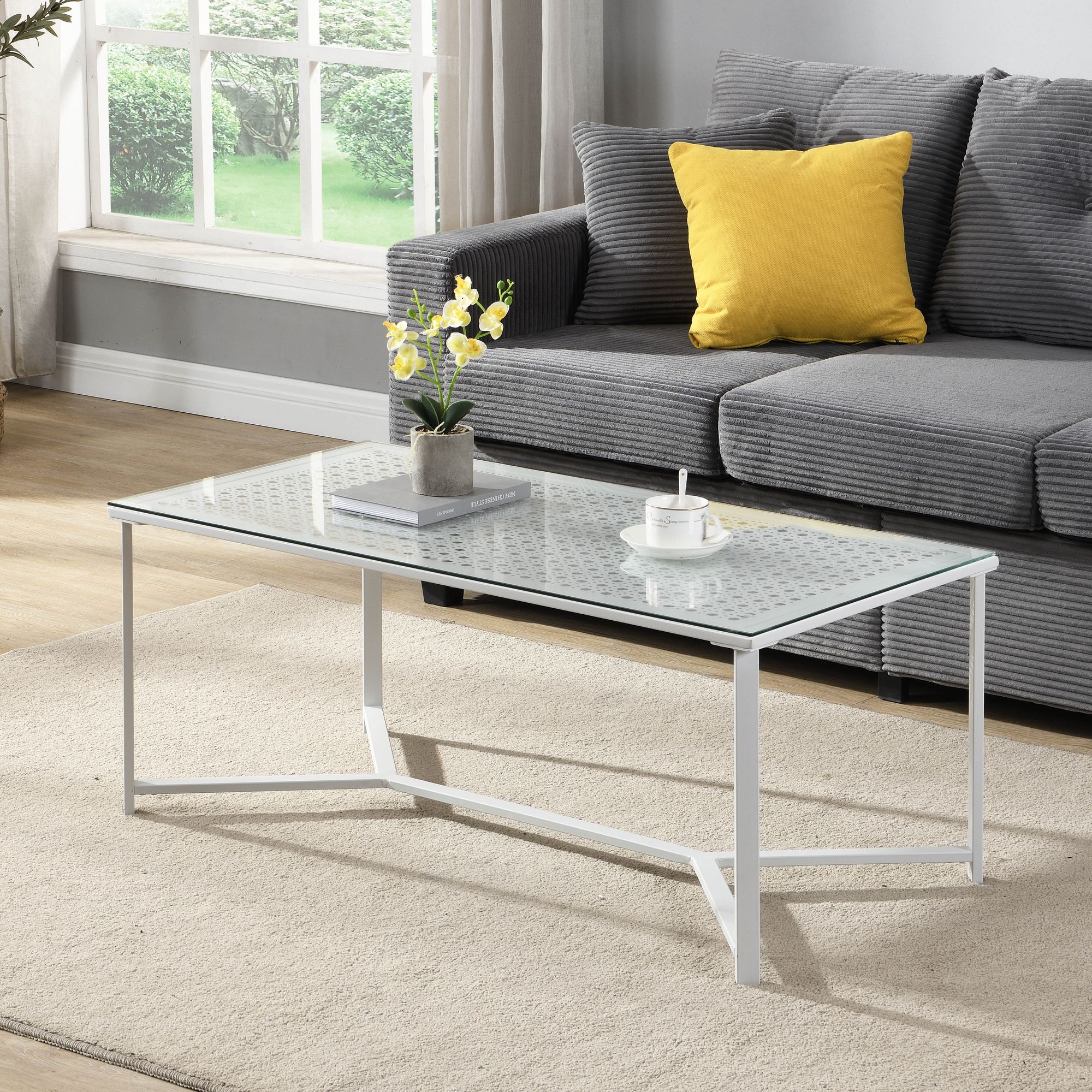 FineBuy Couchtisch Glas Metall 100 cm, Rechteckiger Wohnzimmertisch Modern mit Glasplatte & Metallgestell, Sofatisch im Industrial Design für Wohnzimmer | Farbe: Weiß