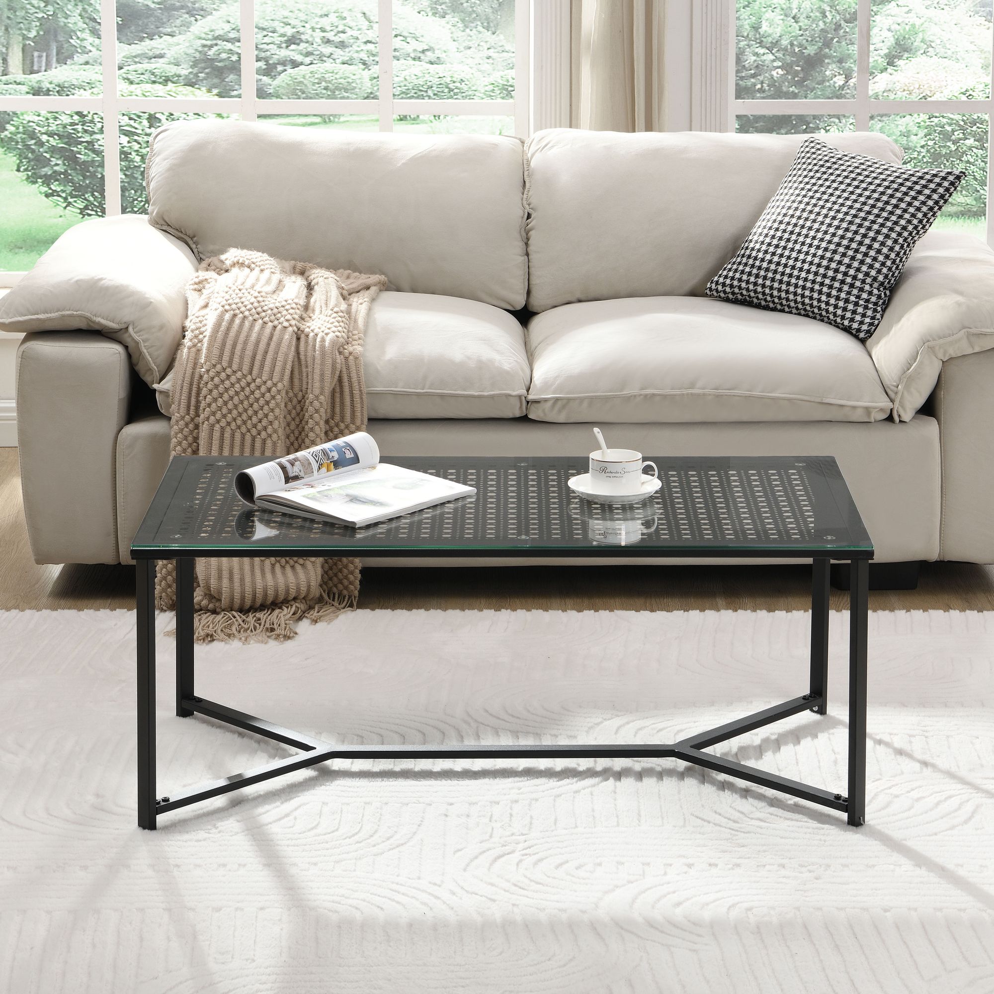 FineBuy Couchtisch Glas Metall 100 cm, Rechteckiger Wohnzimmertisch Modern mit Glasplatte & Metallgestell, Sofatisch im Industrial Design für Wohnzimmer | Farbe: Weiß