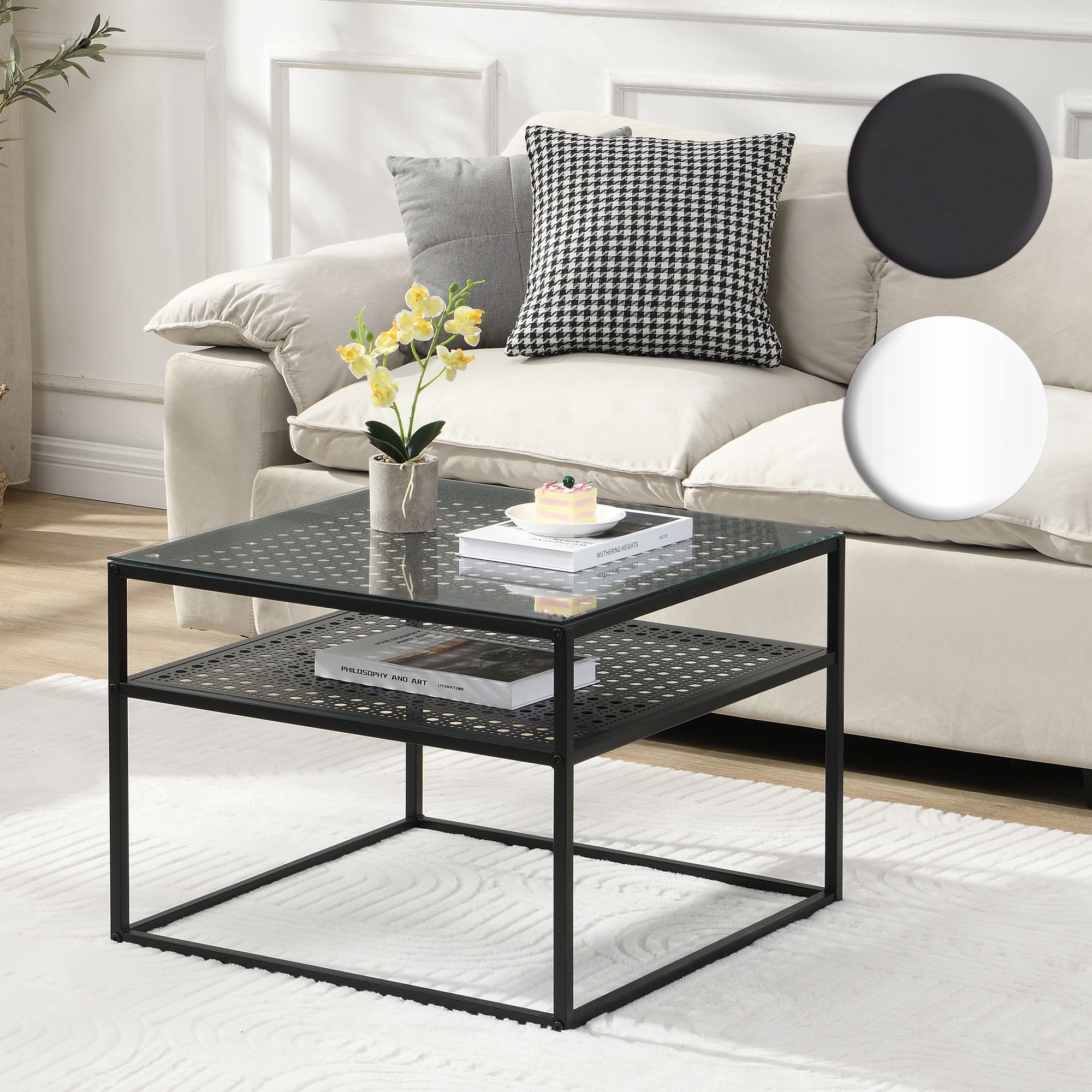 FineBuy Couchtisch Glas Metall 60x60x45 cm, Quadratischer Wohnzimmertisch Modern mit Ablage, Beistelltisch Sofatisch Glastisch Klein | Farbe: Weiß
