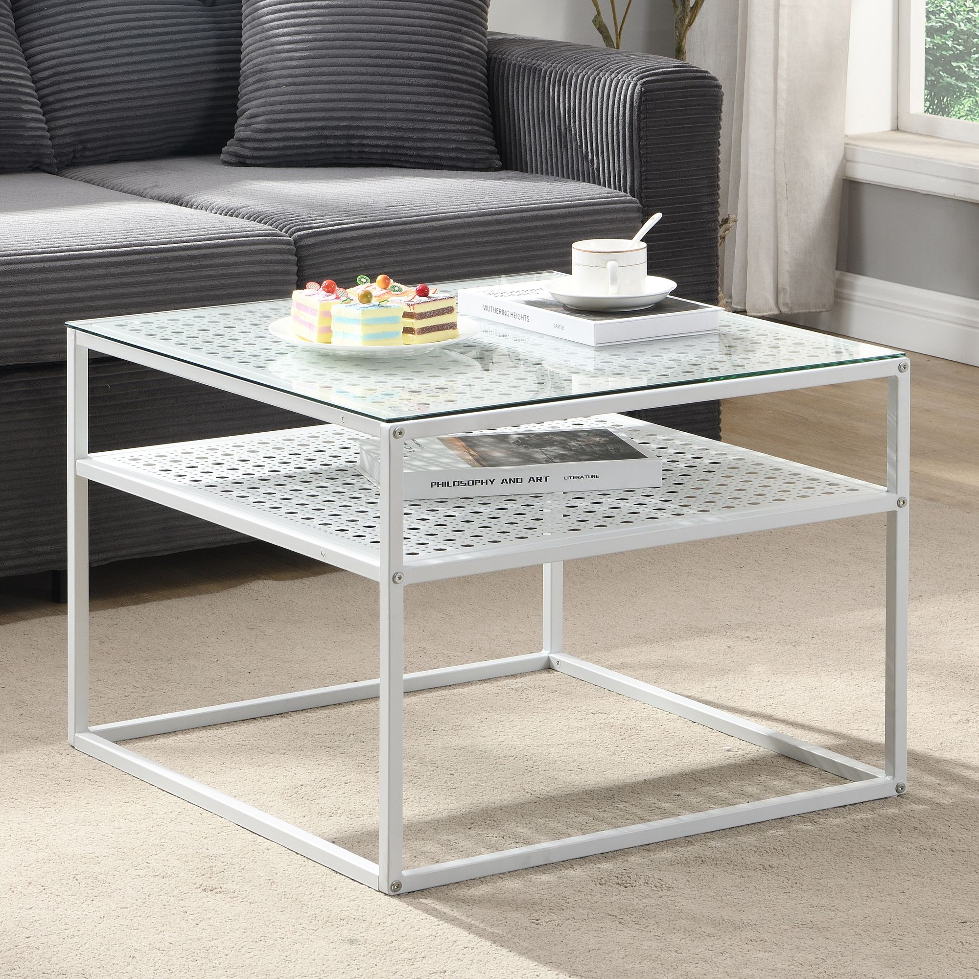 FineBuy Couchtisch Glas Metall 60x60x45 cm, Quadratischer Wohnzimmertisch Modern mit Ablage, Beistelltisch Sofatisch Glastisch Klein | Farbe: Weiß
