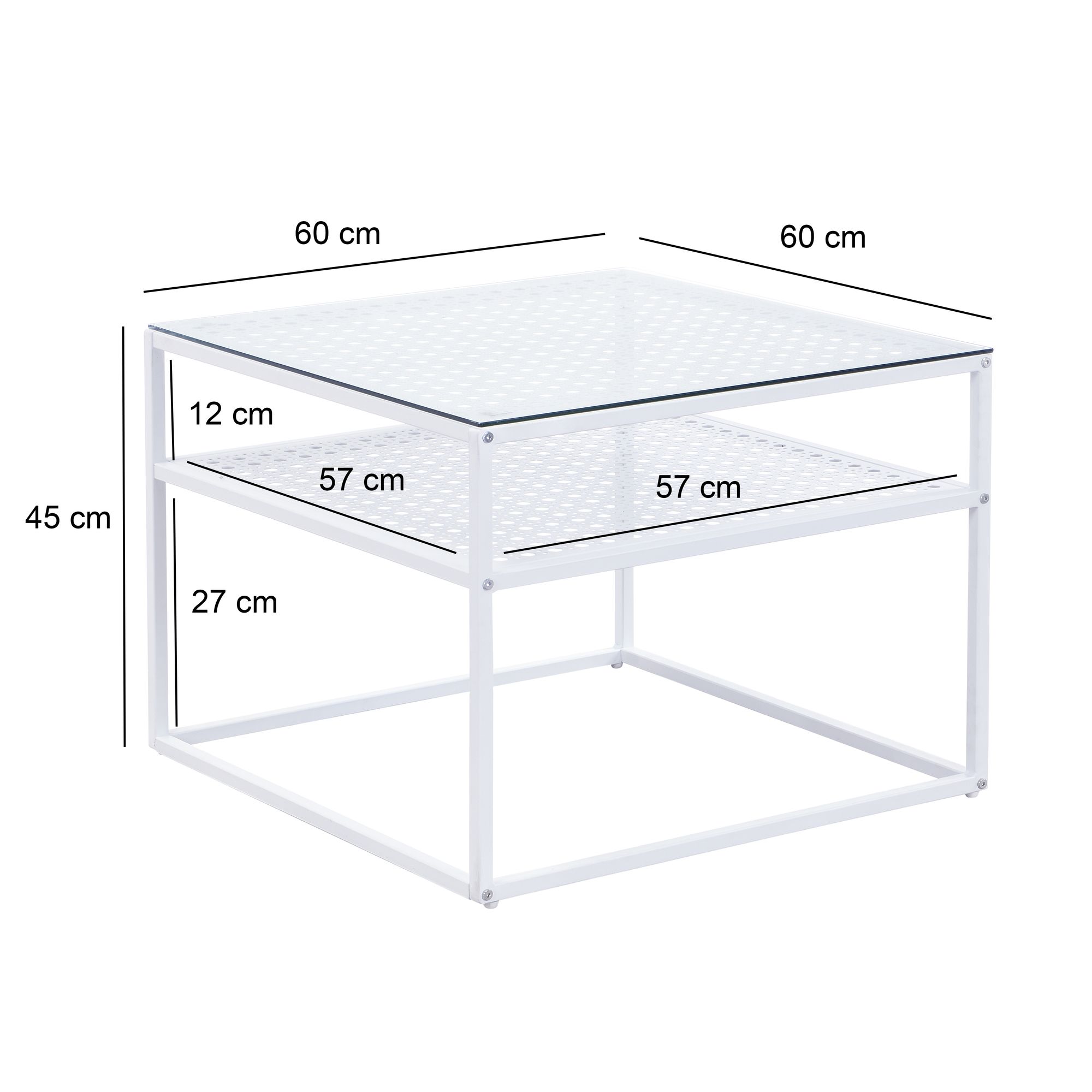 FineBuy Couchtisch Glas Metall 60x60x45 cm, Quadratischer Wohnzimmertisch Modern mit Ablage, Beistelltisch Sofatisch Glastisch Klein | Farbe: Weiß