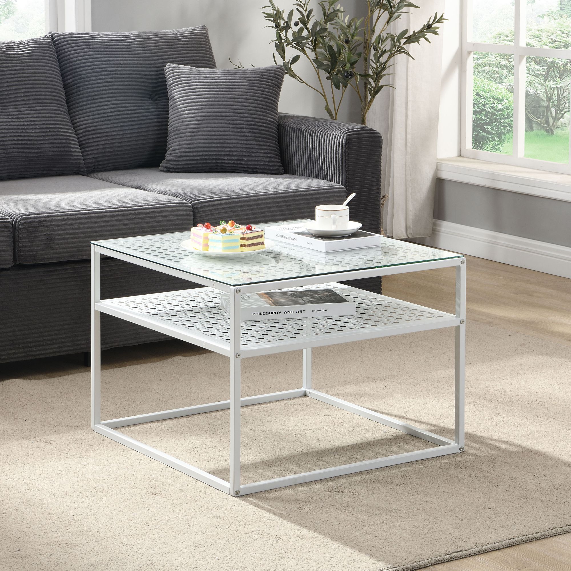 FineBuy Couchtisch Glas Metall 60x60x45 cm, Quadratischer Wohnzimmertisch Modern mit Ablage, Beistelltisch Sofatisch Glastisch Klein | Farbe: Weiß
