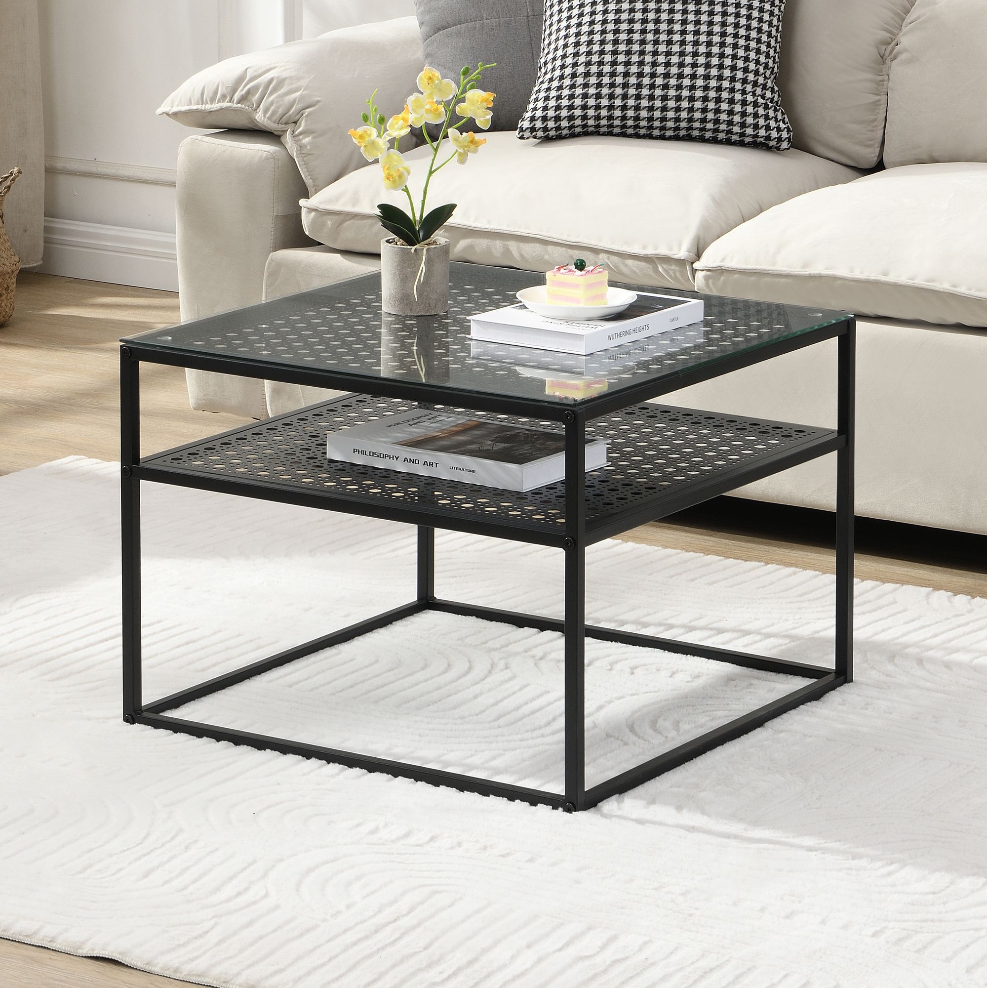 FineBuy Couchtisch Glas Metall 60x60x45 cm, Quadratischer Wohnzimmertisch Modern mit Ablage, Beistelltisch Sofatisch Glastisch Klein | Farbe: Weiß
