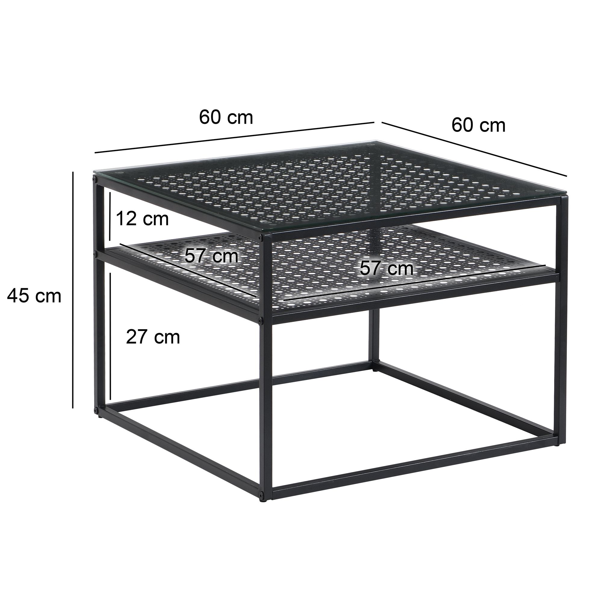 FineBuy Couchtisch Glas Metall 60x60x45 cm, Quadratischer Wohnzimmertisch Modern mit Ablage, Beistelltisch Sofatisch Glastisch Klein | Farbe: Weiß