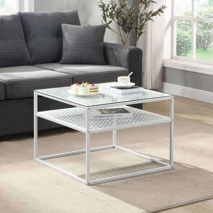 FineBuy Couchtisch Glas Metall 60x60x45 cm, Quadratischer Wohnzimmertisch Modern mit Ablage, Beistelltisch Sofatisch Glastisch Klein