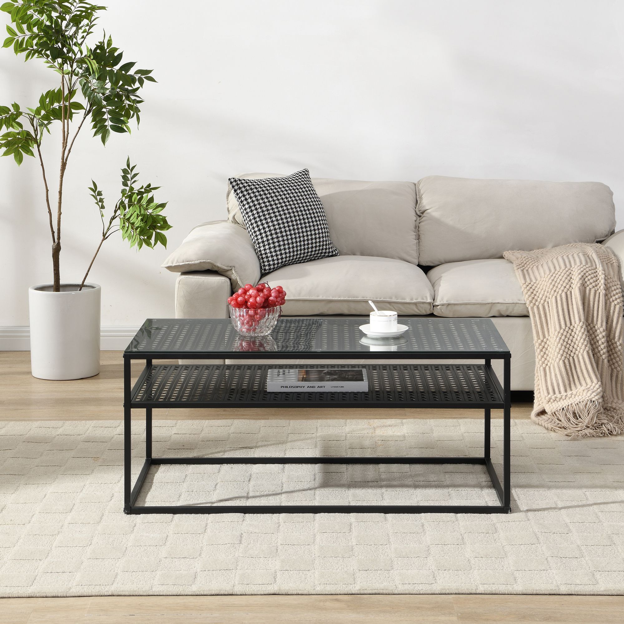 FineBuy Couchtisch Glas Rechteckig 100 cm, Moderner Wohnzimmertisch mit Metallgestell & Ablage im Industrial Design, Sofatisch mit Glasplatte | Farbe: Schwarz