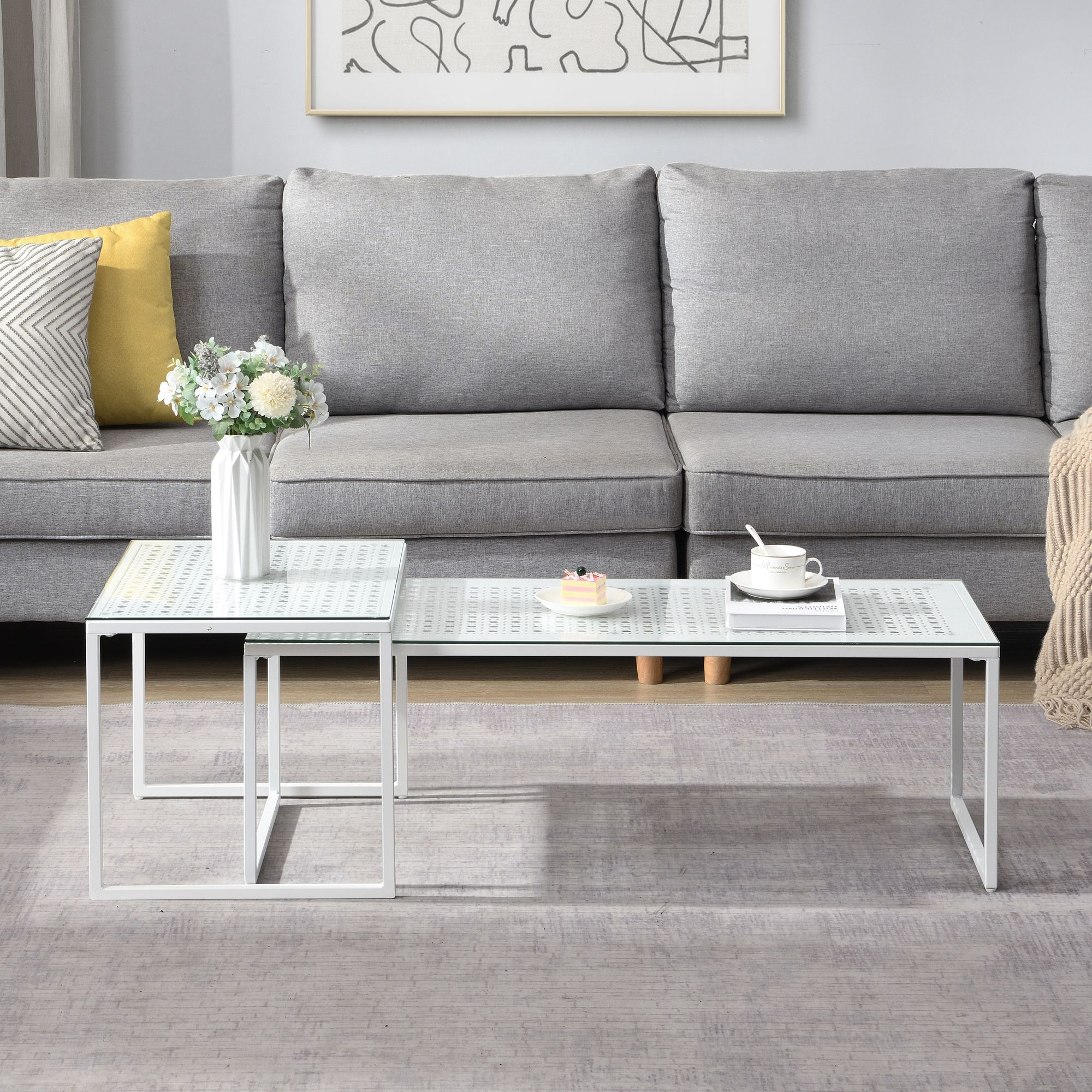 FineBuy Satztisch Glas Metall 2er Set Modern Couchtisch, Design Sofatisch Platzsparend, Wohnzimmertisch Kaffeetisch Rechteckig & Quadratisch | Farbe: Schwarz