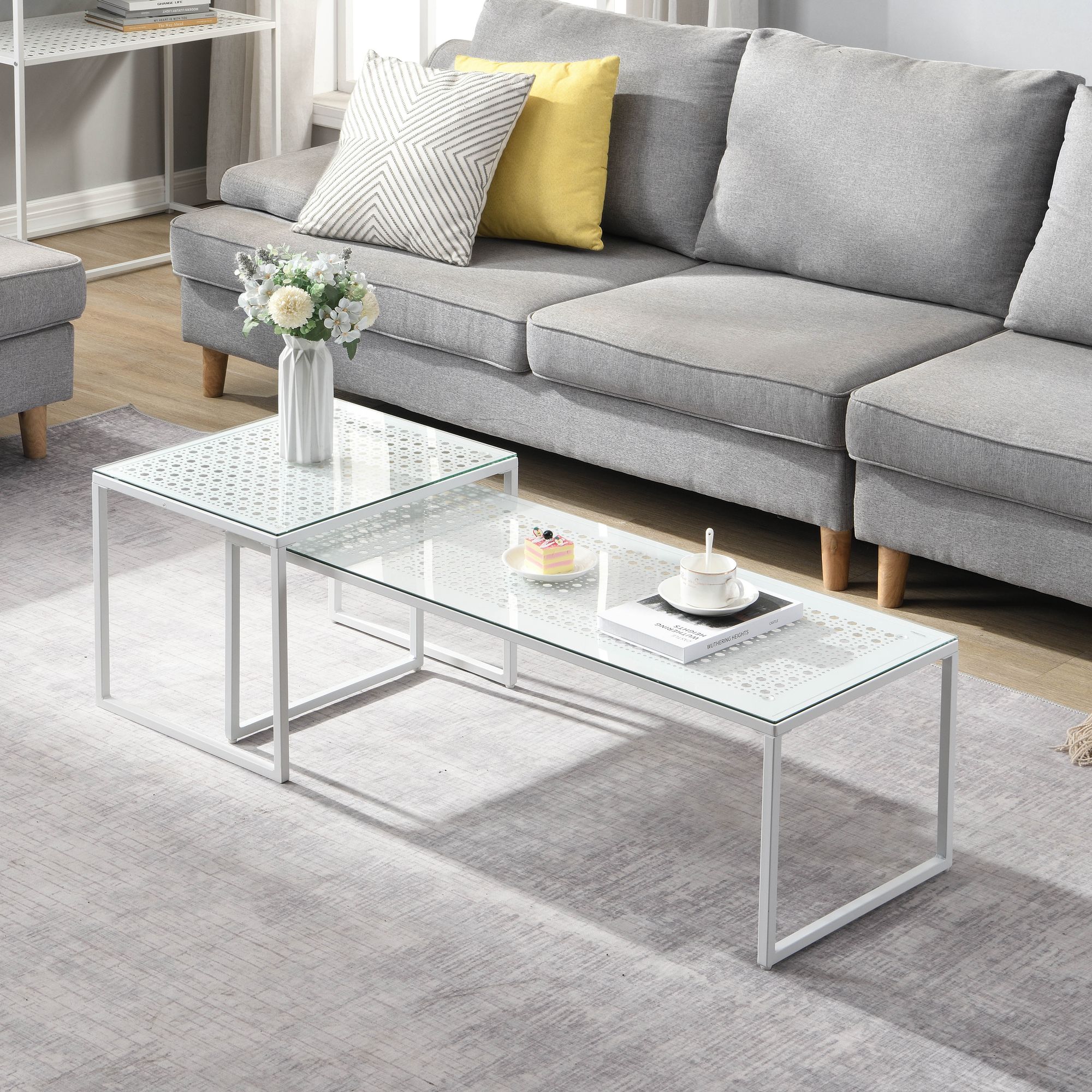 FineBuy Satztisch Glas Metall 2er Set Modern Couchtisch, Design Sofatisch Platzsparend, Wohnzimmertisch Kaffeetisch Rechteckig & Quadratisch | Farbe: Schwarz