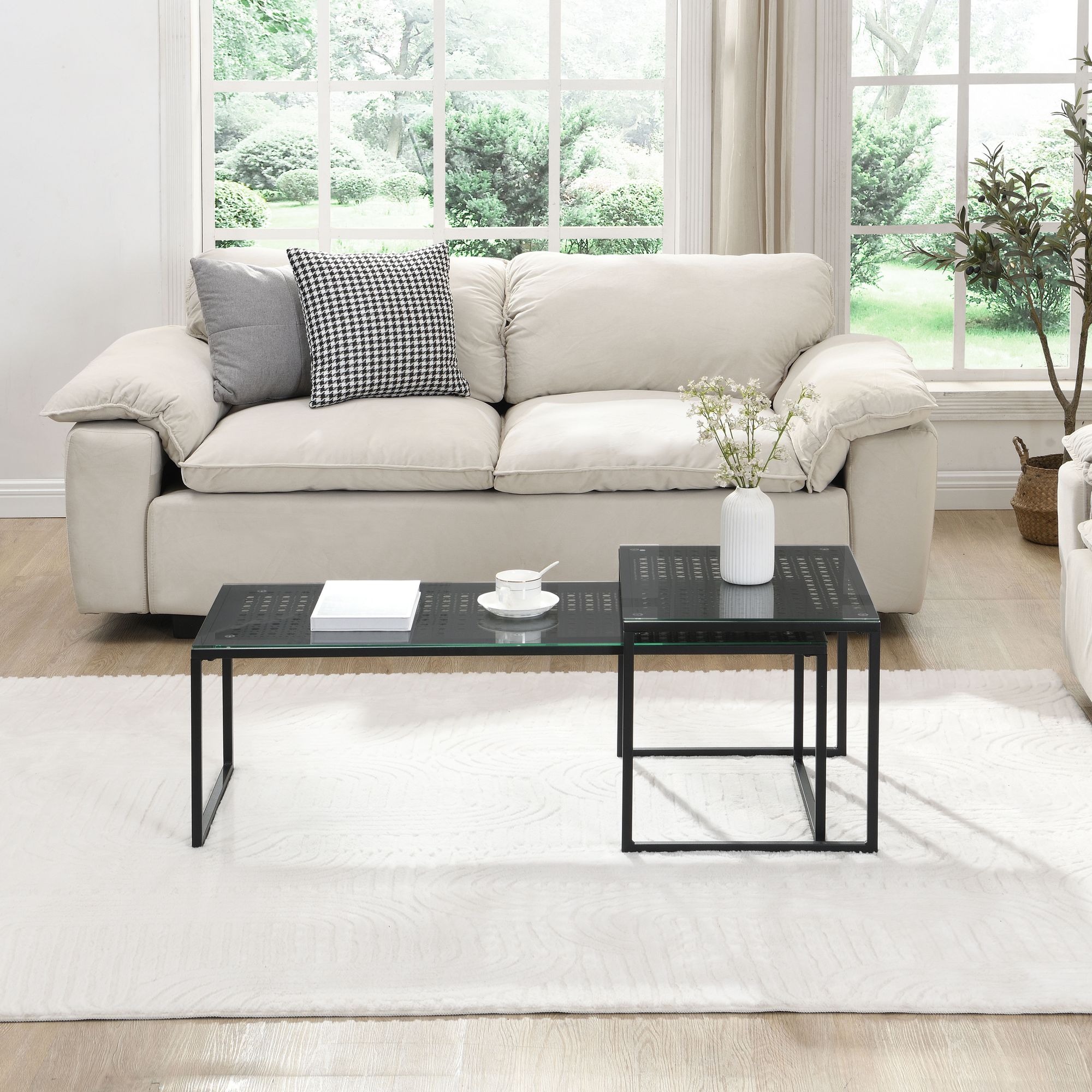 FineBuy Satztisch Glas Metall 2er Set Modern Couchtisch, Design Sofatisch Platzsparend, Wohnzimmertisch Kaffeetisch Rechteckig & Quadratisch | Farbe: Schwarz