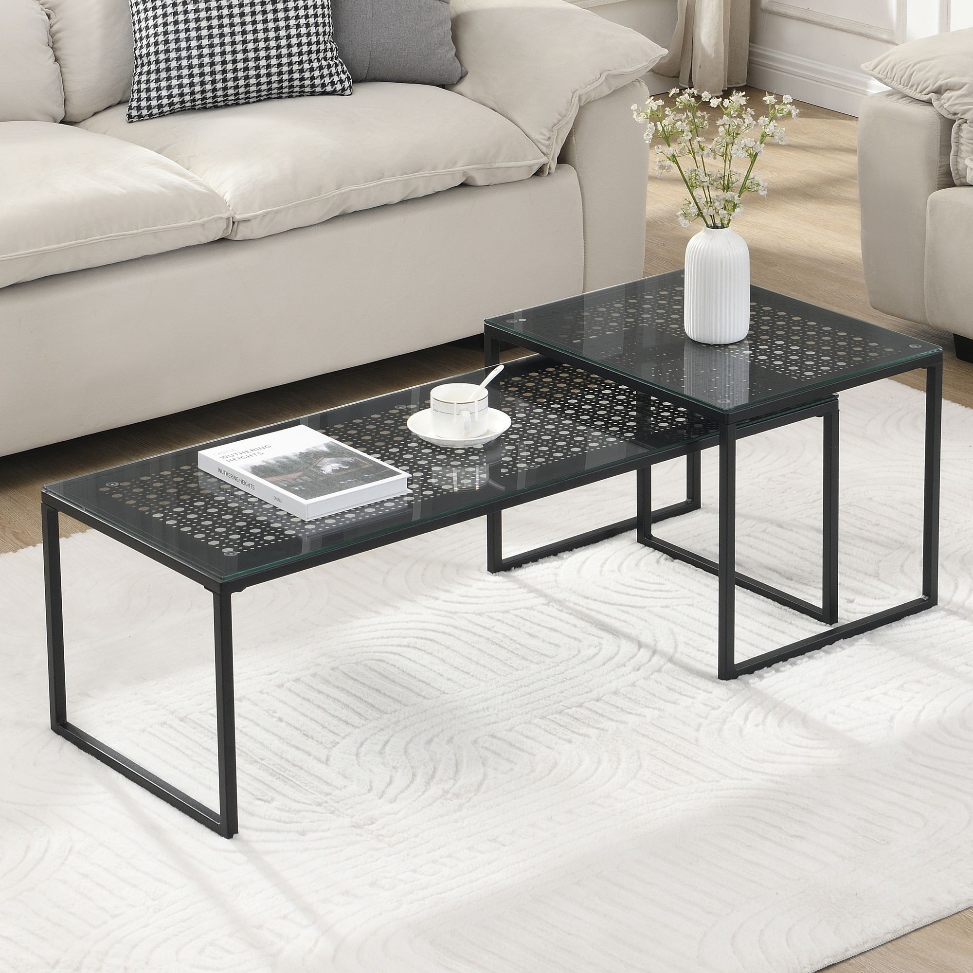 FineBuy Satztisch Glas Metall 2er Set Modern Couchtisch, Design Sofatisch Platzsparend, Wohnzimmertisch Kaffeetisch Rechteckig & Quadratisch | Farbe: Schwarz