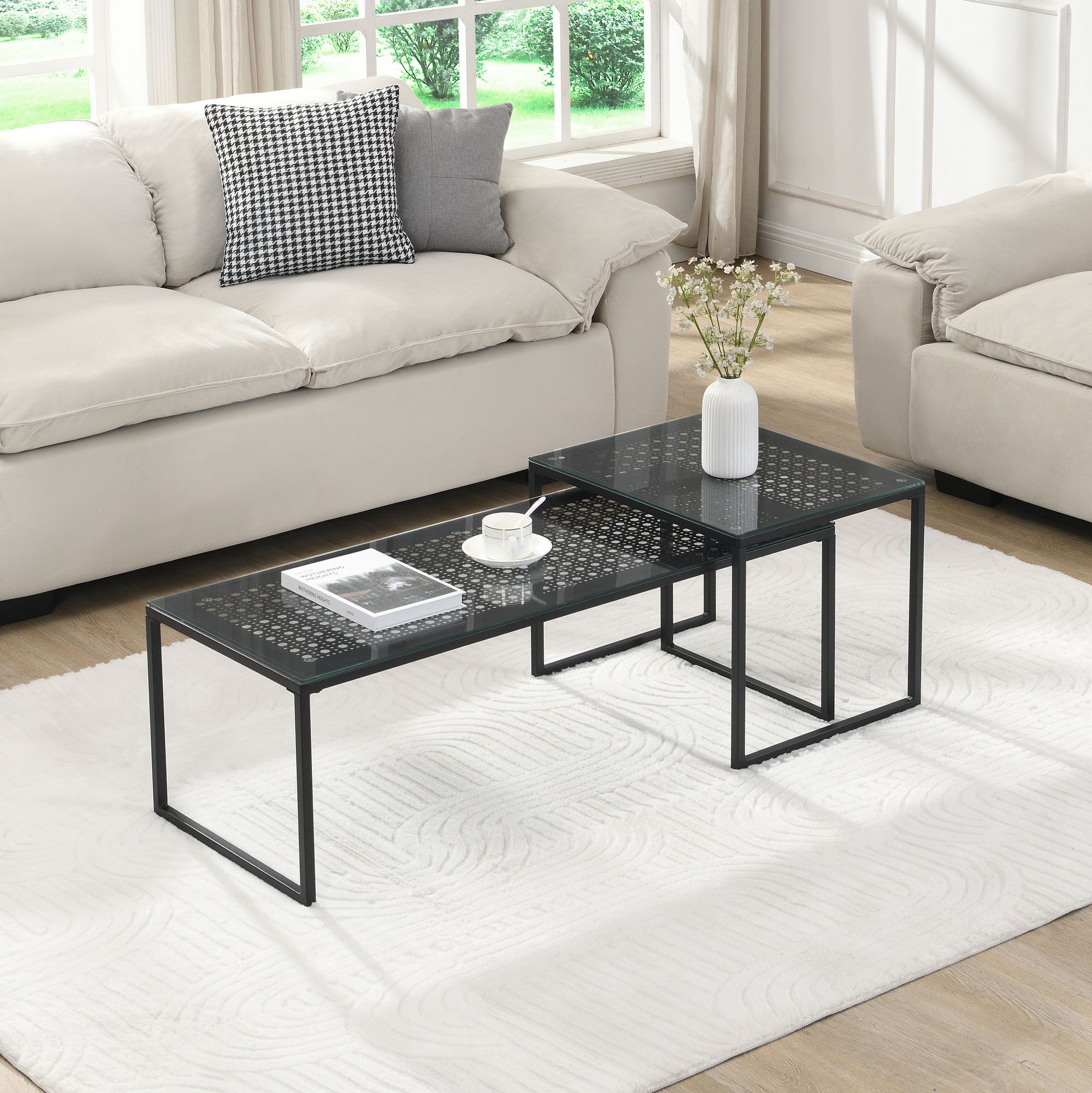 FineBuy Satztisch Glas Metall 2er Set Modern Couchtisch, Design Sofatisch Platzsparend, Wohnzimmertisch Kaffeetisch Rechteckig & Quadratisch | Farbe: Schwarz