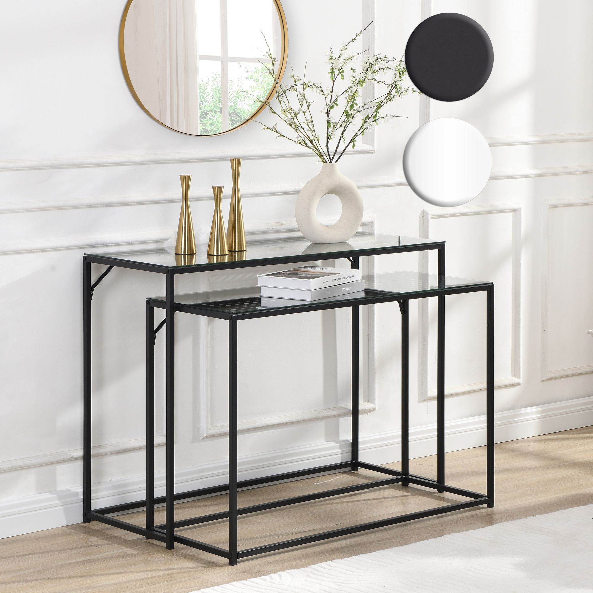 FineBuy Konsolentisch Set 2er Metall mit Glasplatte, Moderne Dekotische für Flur Wohnzimmer, Schmale Ablagetische im Industrial Design, platzsparend und ineinander schiebbar | Farbe: Schwarz