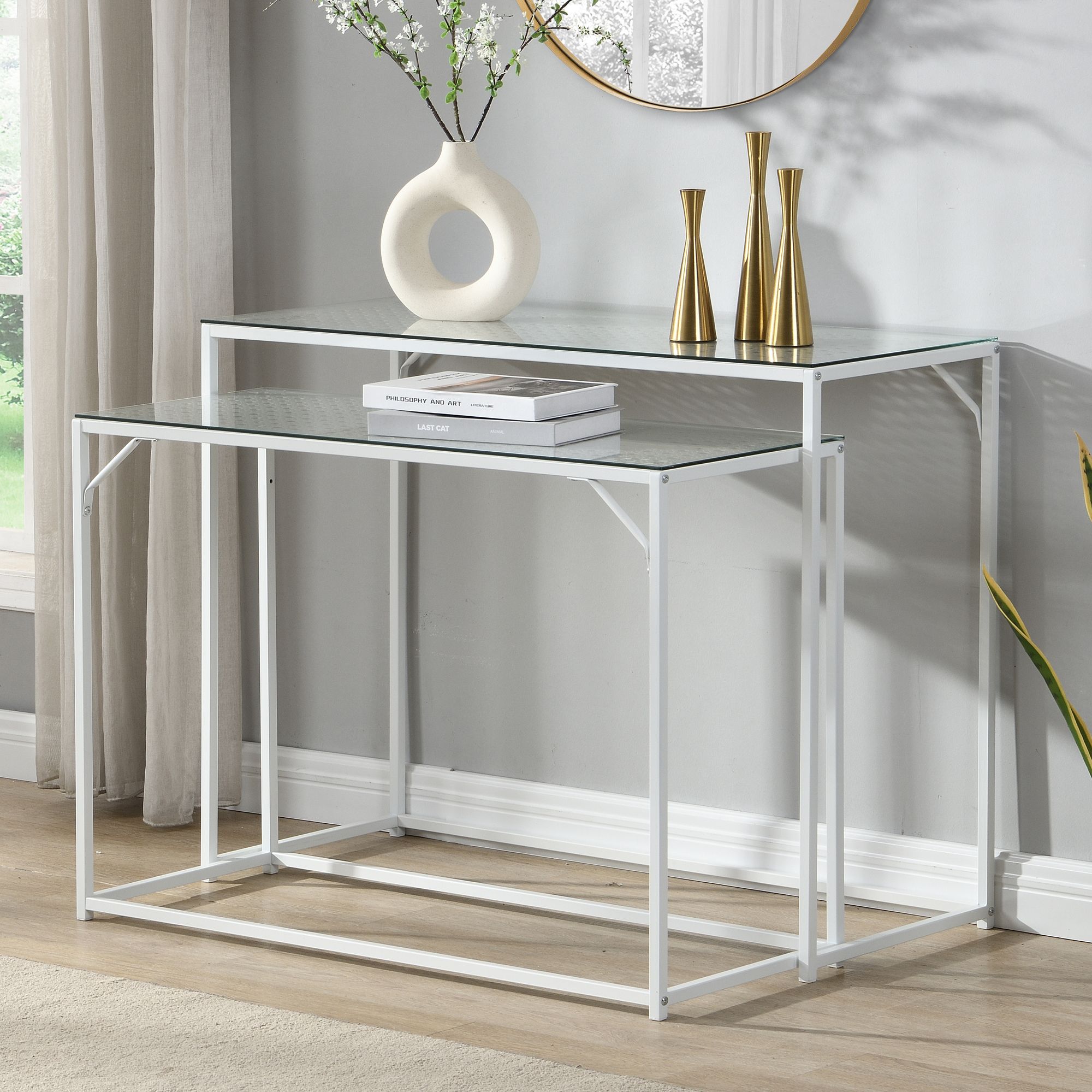 FineBuy Konsolentisch Set 2er Metall mit Glasplatte, Moderne Dekotische für Flur Wohnzimmer, Schmale Ablagetische im Industrial Design, platzsparend und ineinander schiebbar | Farbe: Schwarz