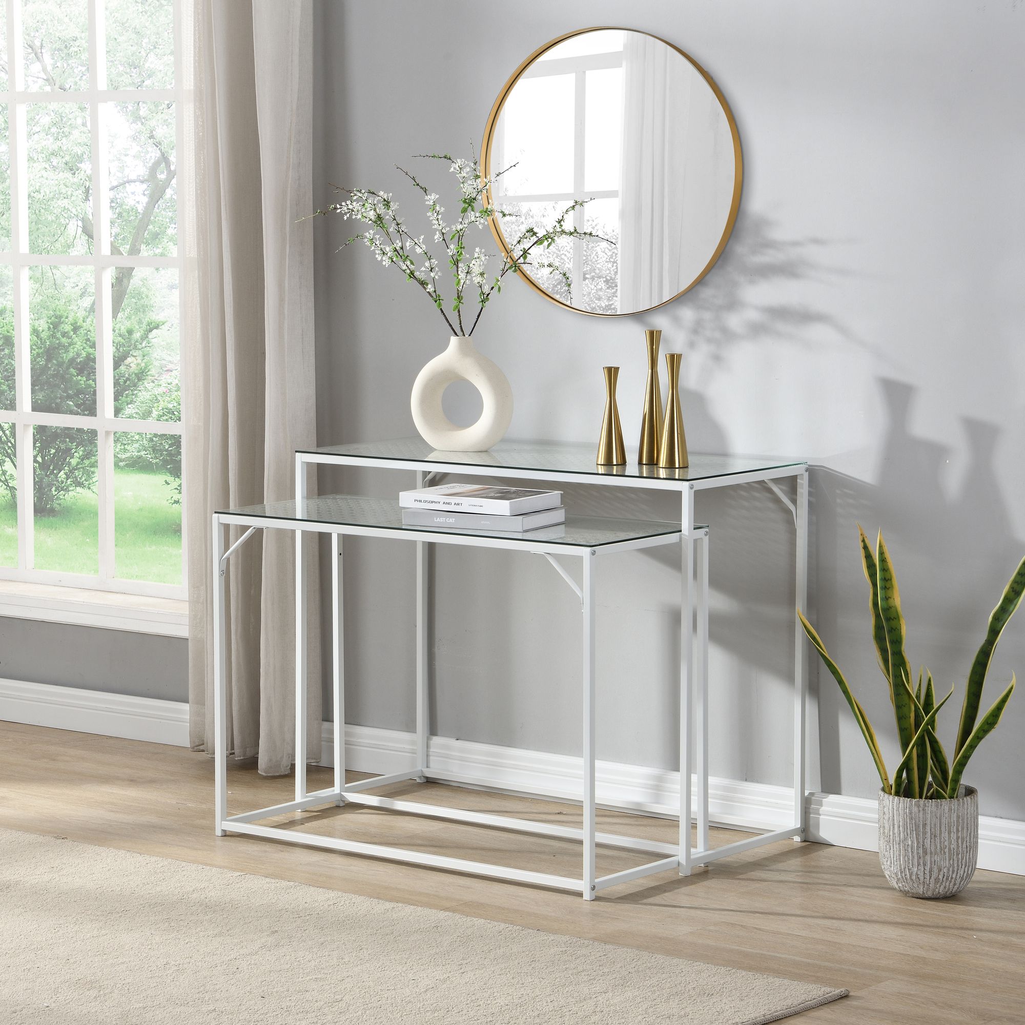 FineBuy Konsolentisch Set 2er Metall mit Glasplatte, Moderne Dekotische für Flur Wohnzimmer, Schmale Ablagetische im Industrial Design, platzsparend und ineinander schiebbar | Farbe: Schwarz