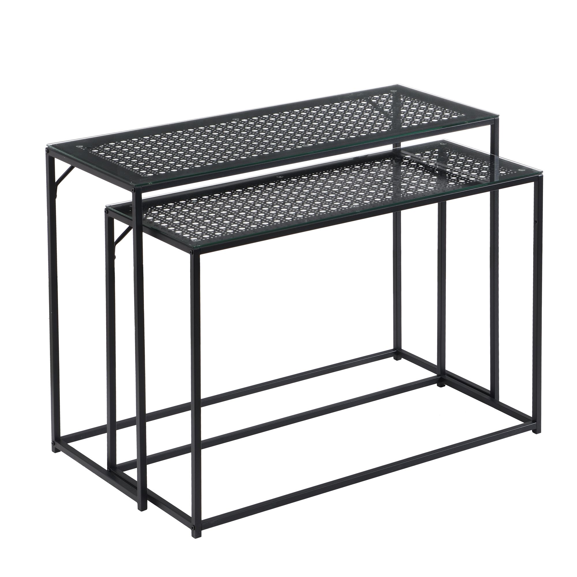 FineBuy Konsolentisch Set 2er Metall mit Glasplatte, Moderne Dekotische für Flur Wohnzimmer, Schmale Ablagetische im Industrial Design, platzsparend und ineinander schiebbar | Farbe: Schwarz
