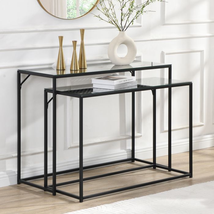 SV112056 FineBuy Konsolentisch Set 2er Metall mit Glasplatte, Moderne Dekotische für Flur Wohnzimmer, Schmale Ablagetische im Industrial Design, platzsparend und ineinander schiebbar