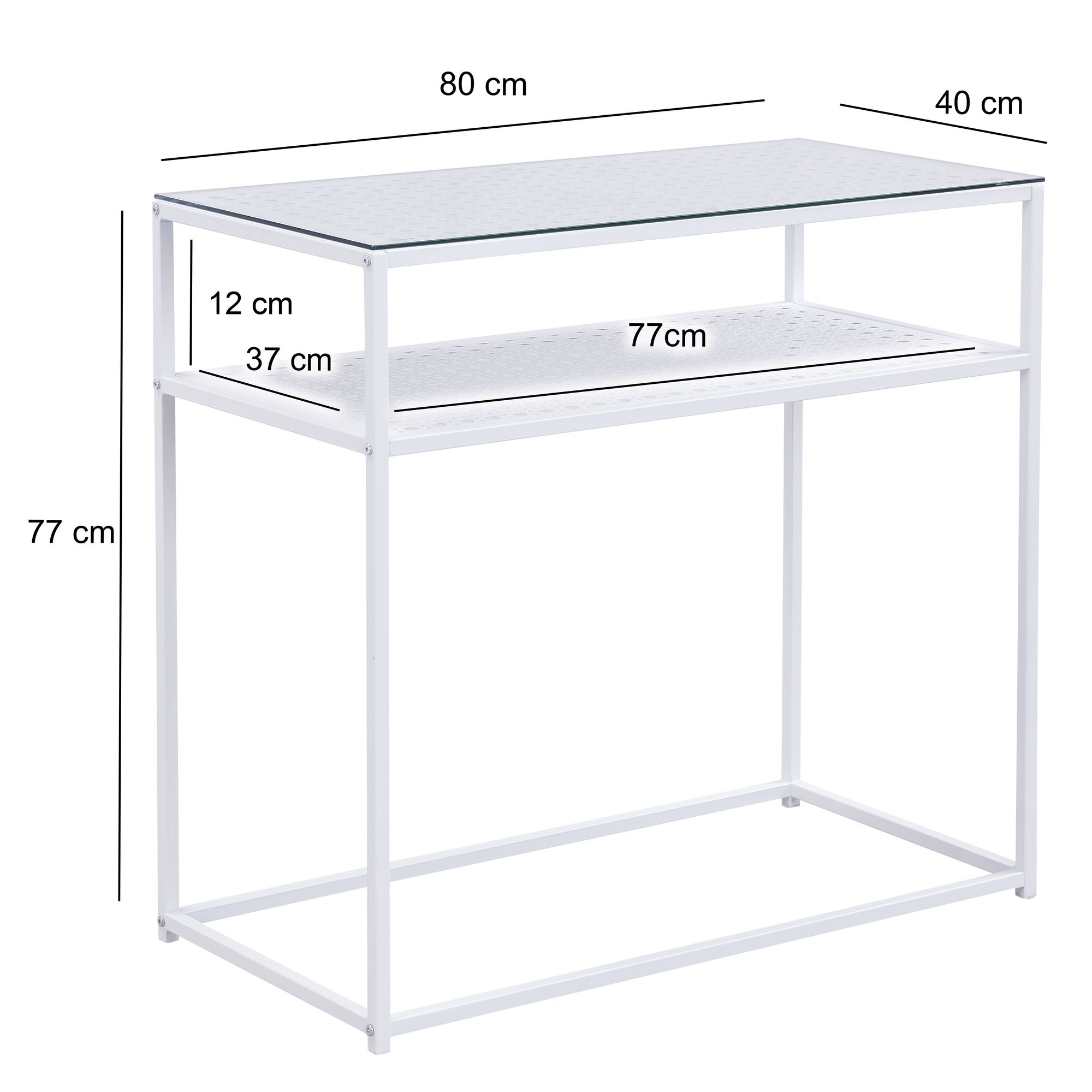 FineBuy Konsolentisch Glas Metall 80x40x77 cm Flurtisch Schmal, Ablagetisch Eingangsbereich mit Glasplatte & Metallgestell, Design Glastisch mit Ablage | Farbe: Weiß