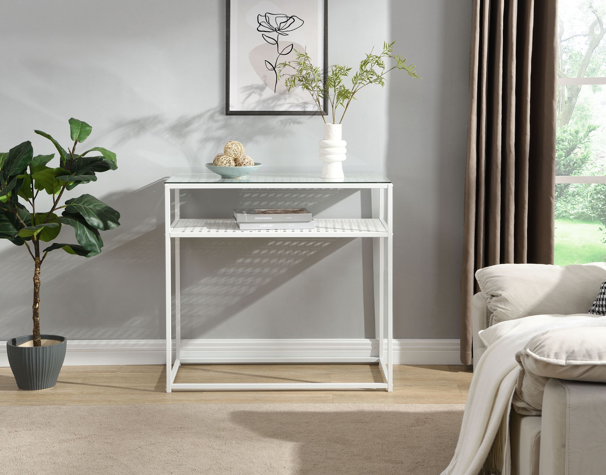FineBuy Konsolentisch Glas Metall 80x40x77 cm Flurtisch Schmal, Ablagetisch Eingangsbereich mit Glasplatte & Metallgestell, Design Glastisch mit Ablage | Farbe: Weiß