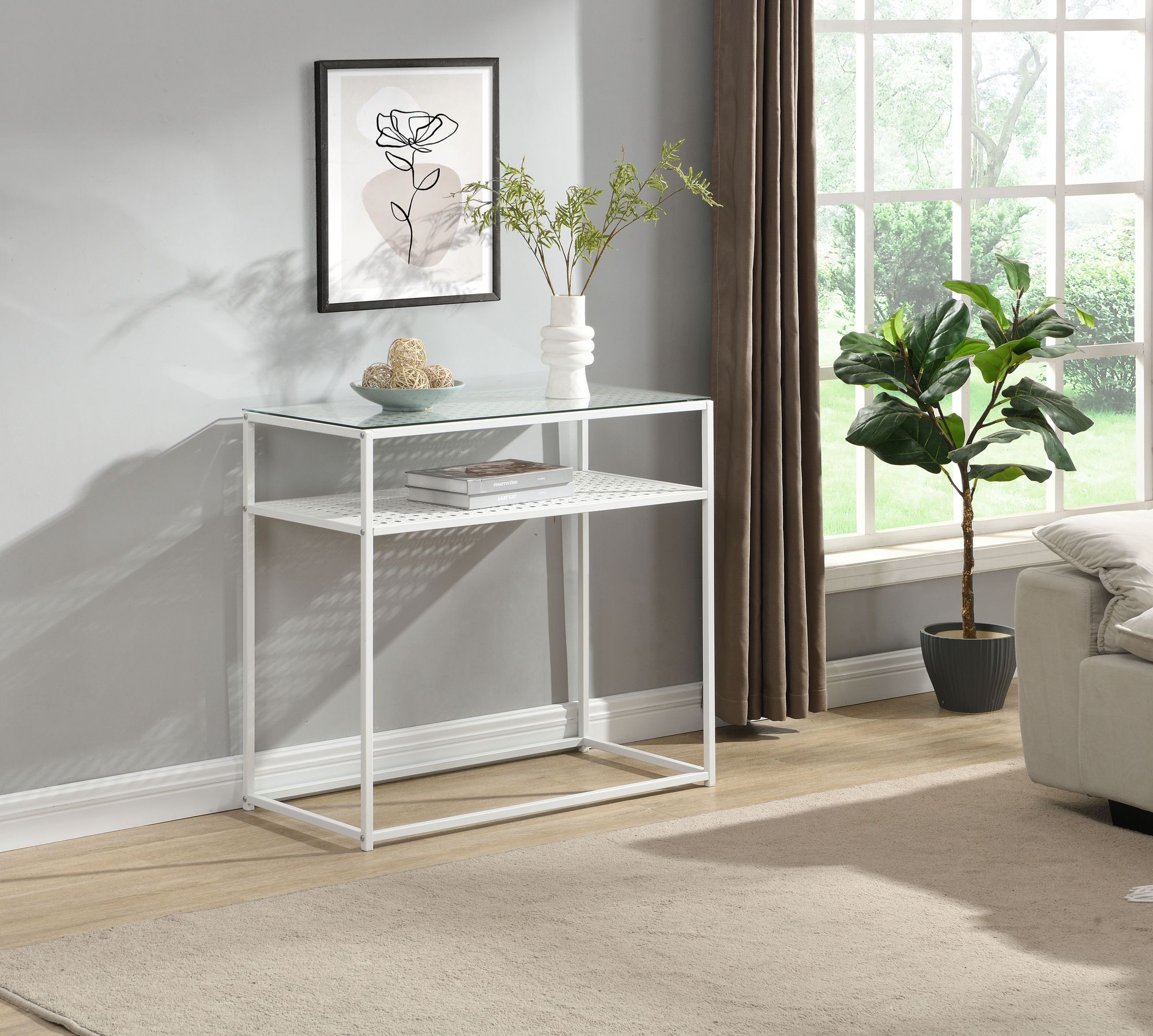 FineBuy Konsolentisch Glas Metall 80x40x77 cm Flurtisch Schmal, Ablagetisch Eingangsbereich mit Glasplatte & Metallgestell, Design Glastisch mit Ablage | Farbe: Weiß