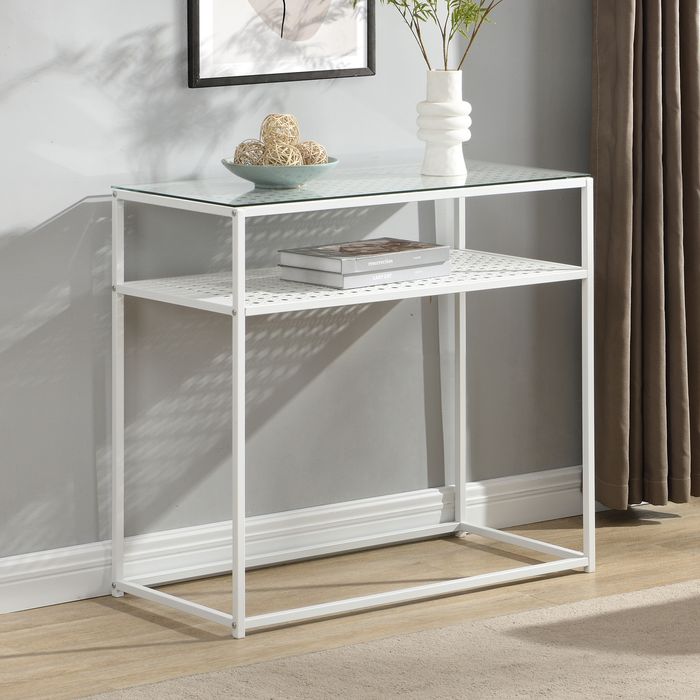 SV112061 FineBuy Konsolentisch Glas Metall 80x40x77 cm Flurtisch Schmal, Ablagetisch Eingangsbereich mit Glasplatte & Metallgestell, Design Glastisch mit Ablage