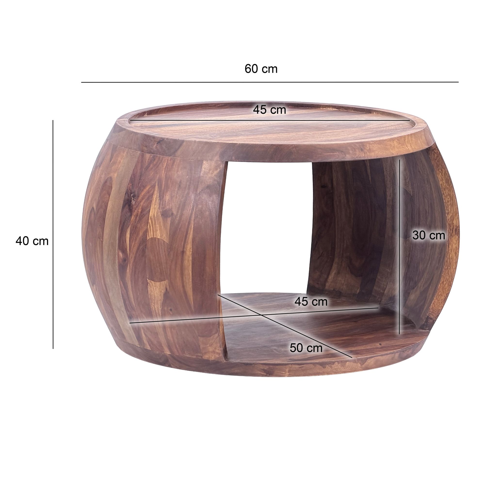 FineBuy Couchtisch Sheesham Massivholz rund 60cm  · Wohnzimmertisch mit Ablagefach · Handgefertigter Sofatisch aus Echtholz im natürlichen Landhaus Design | Farbe: Braun
