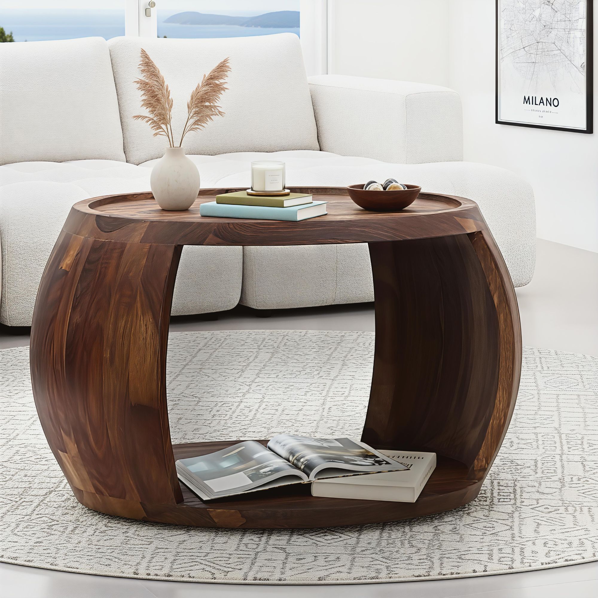 FineBuy Couchtisch Sheesham Massivholz rund 60cm  · Wohnzimmertisch mit Ablagefach · Handgefertigter Sofatisch aus Echtholz im natürlichen Landhaus Design | Farbe: Braun