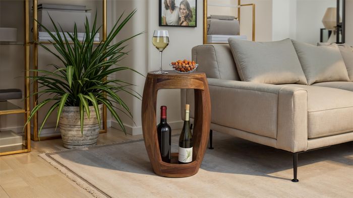 FineBuy Beistelltisch Sheesham Massivholz rund 30cm · Kleiner Runder Couchtisch mit offenem Fach · Handgefertigter Wohnzimmertisch im modernen Design aus Echtholz