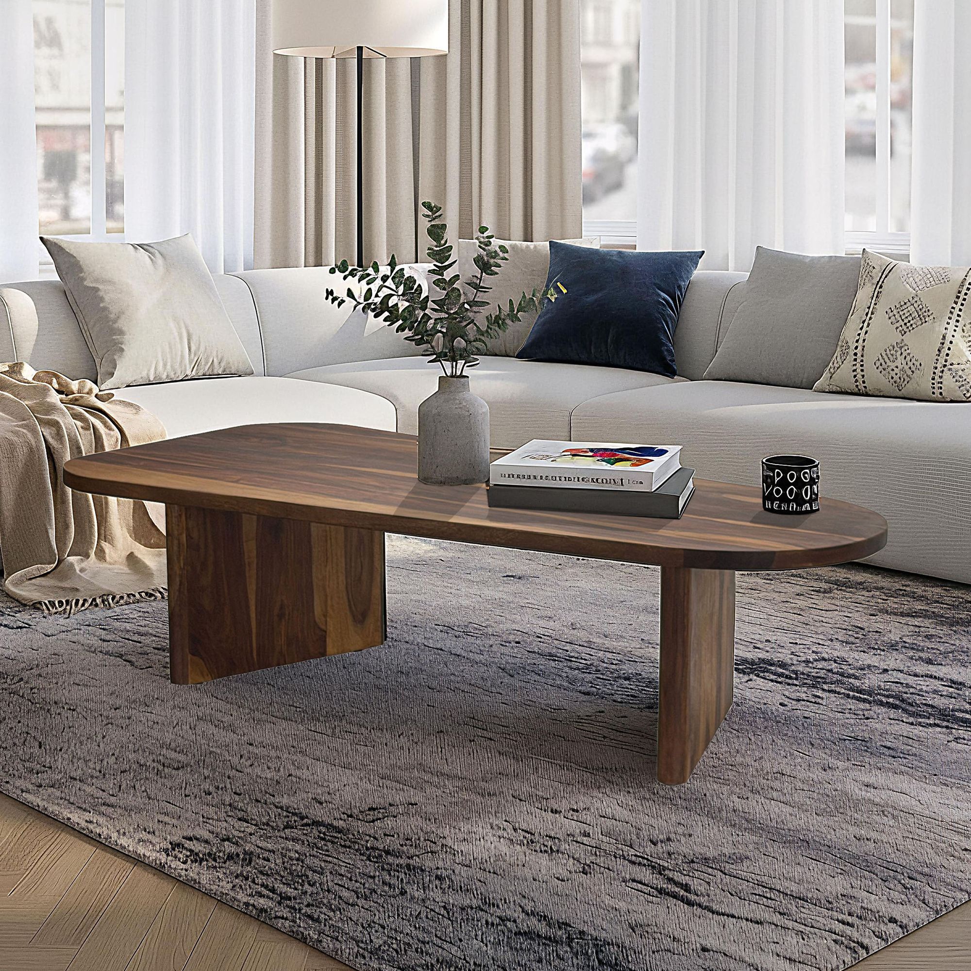 FineBuy Couchtisch Sheesham Massivholz oval 120cm · Handgefertigter Wohnzimmertisch im modernen Design mit abgerundeter Form · Flacher Sofatisch aus Echtholz | Farbe: Braun