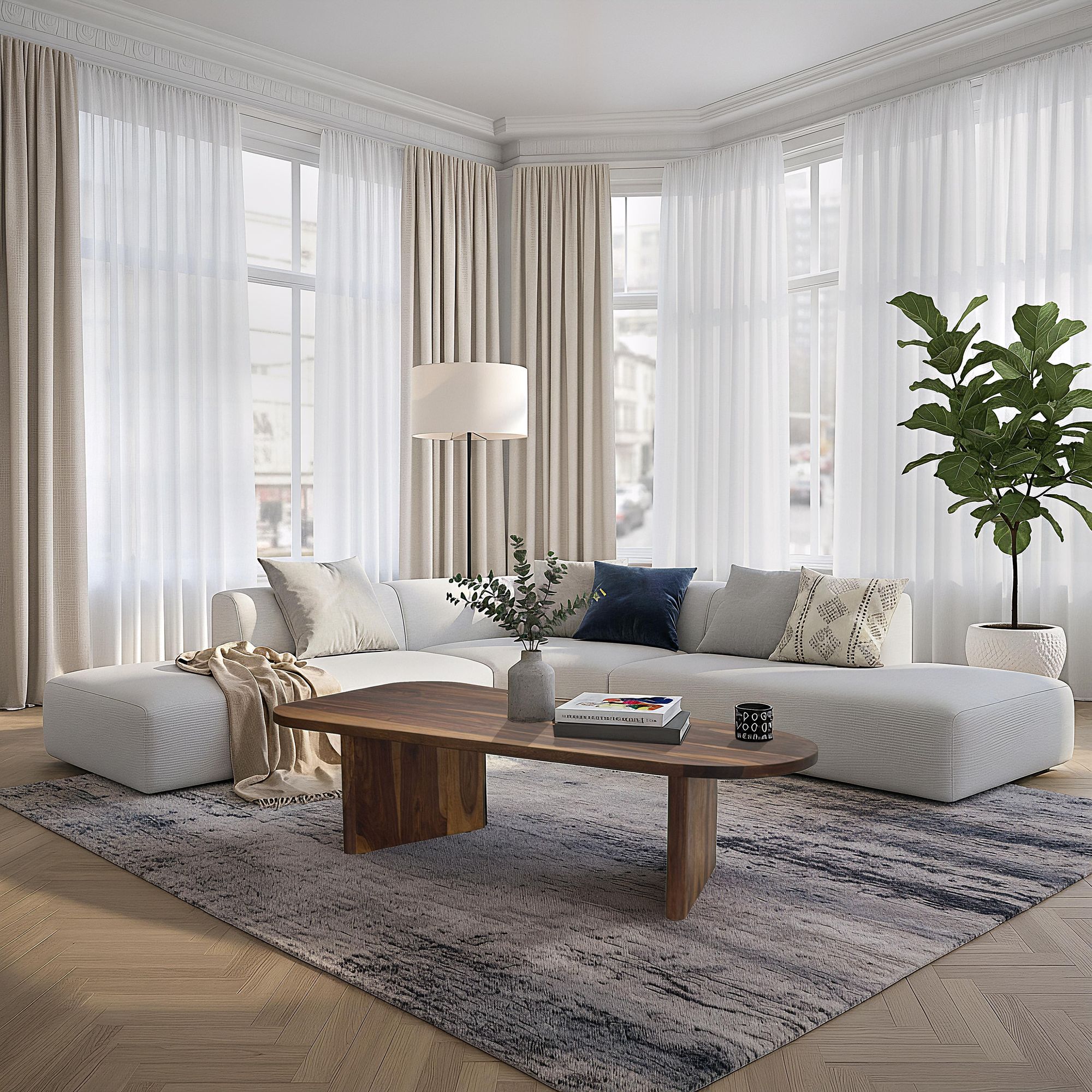 FineBuy Couchtisch Sheesham Massivholz oval 120cm · Handgefertigter Wohnzimmertisch im modernen Design mit abgerundeter Form · Flacher Sofatisch aus Echtholz | Farbe: Braun