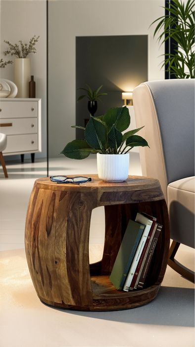 FineBuy Beistelltisch Ø 50cm Sheesham Massivholz rund mit Ablagefach – Couchtisch Echtholz handgefertigt, Wohnzimmertisch im Naturdesign
